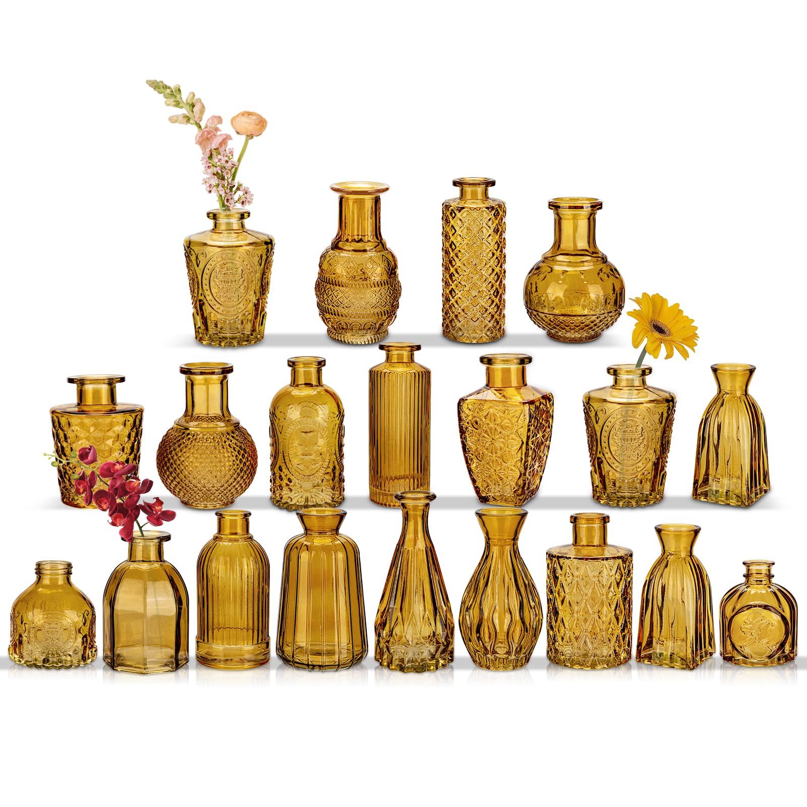 Oairse Amber Glass Bud Vase Set of 20 - Mini Vintage Embossed Bottle for Floral Arrangements, Decorative Small Vases for Wedding Centerpieces, Table Decoration, Party, Home Room Decor