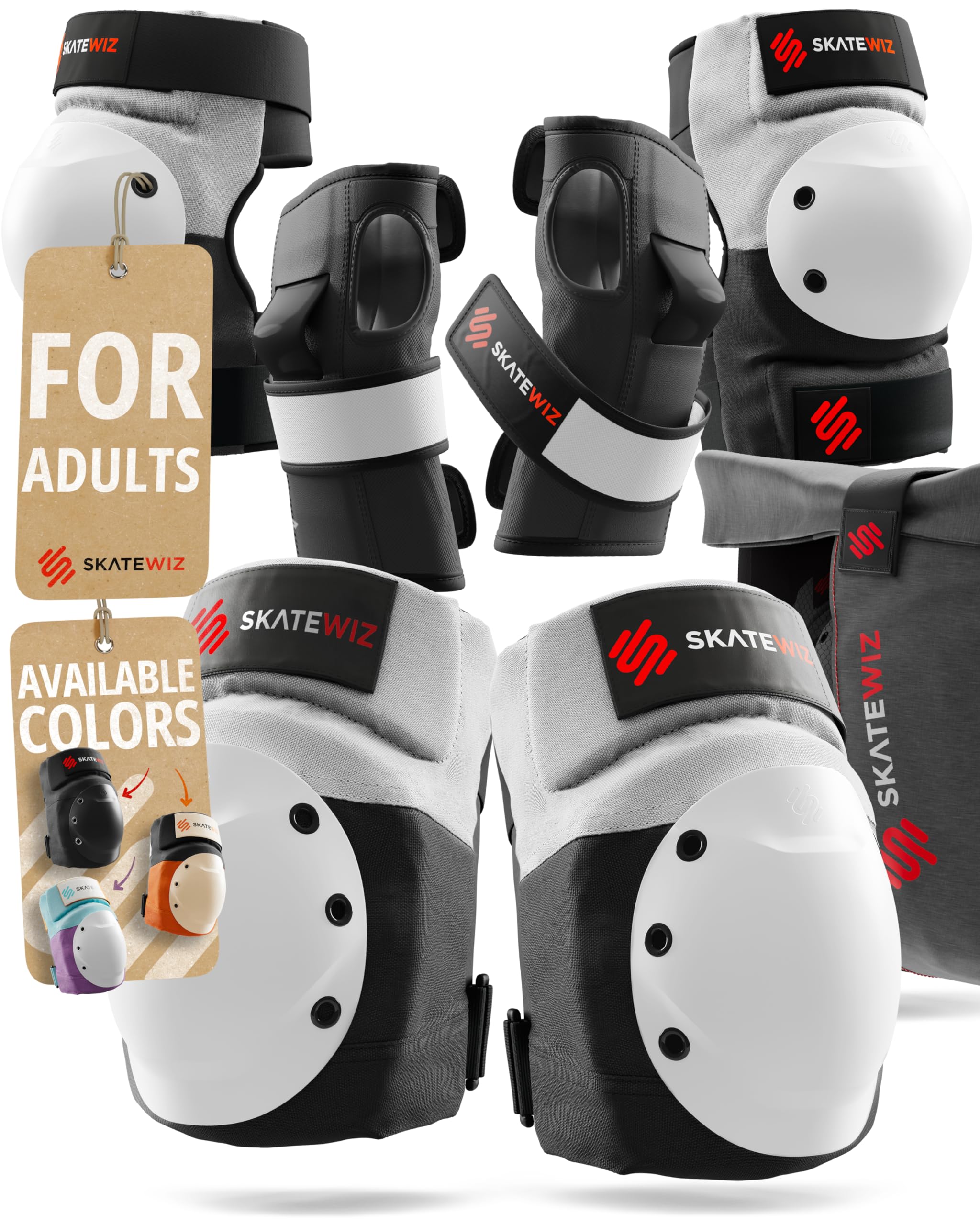 SKATEWIZ Knee and Elbow Pads Adult - Skating Protective Gear - Skate Pads with Wrist Guards - SHIELD - Size ML Gray White - Skateboard, Inline Skates, Scooter, BMX โ image 1