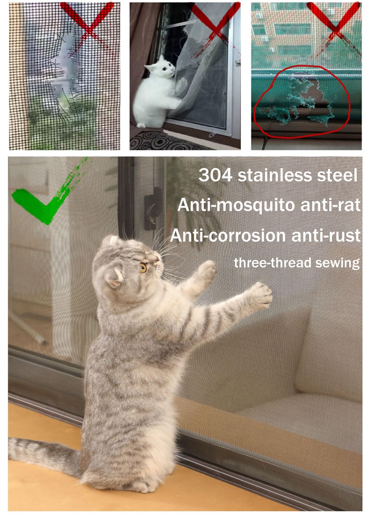 Katzenschutz Fenster Ohne Bohren Edelstahl, Katzennetz für Balkon, Katzensichere Fliegengitter Metall mit Klettband Selbstklebend, Fenstergitter Insektenschutz Fenster, Mückengitter Fenster (Color :
