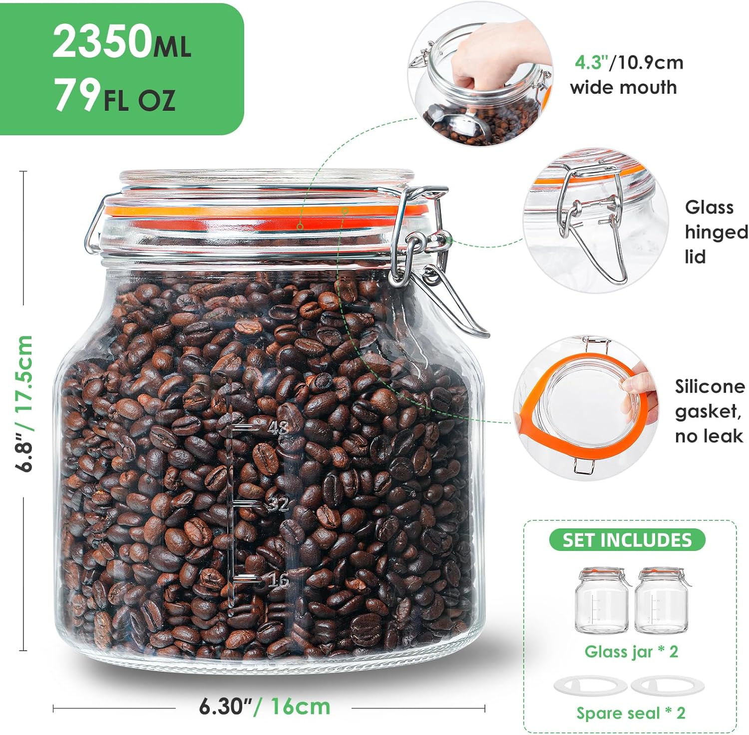 2 Pack 79oz Glass Jar with Lid(2350ML), 0.6 Gallon Mason Jars Wide Mouth with Airtight Lid, Glass Pickle Jar for Food Storage, Cookies, Pickling, Kombucha(Includes 2 Spare Seals) - Image 3