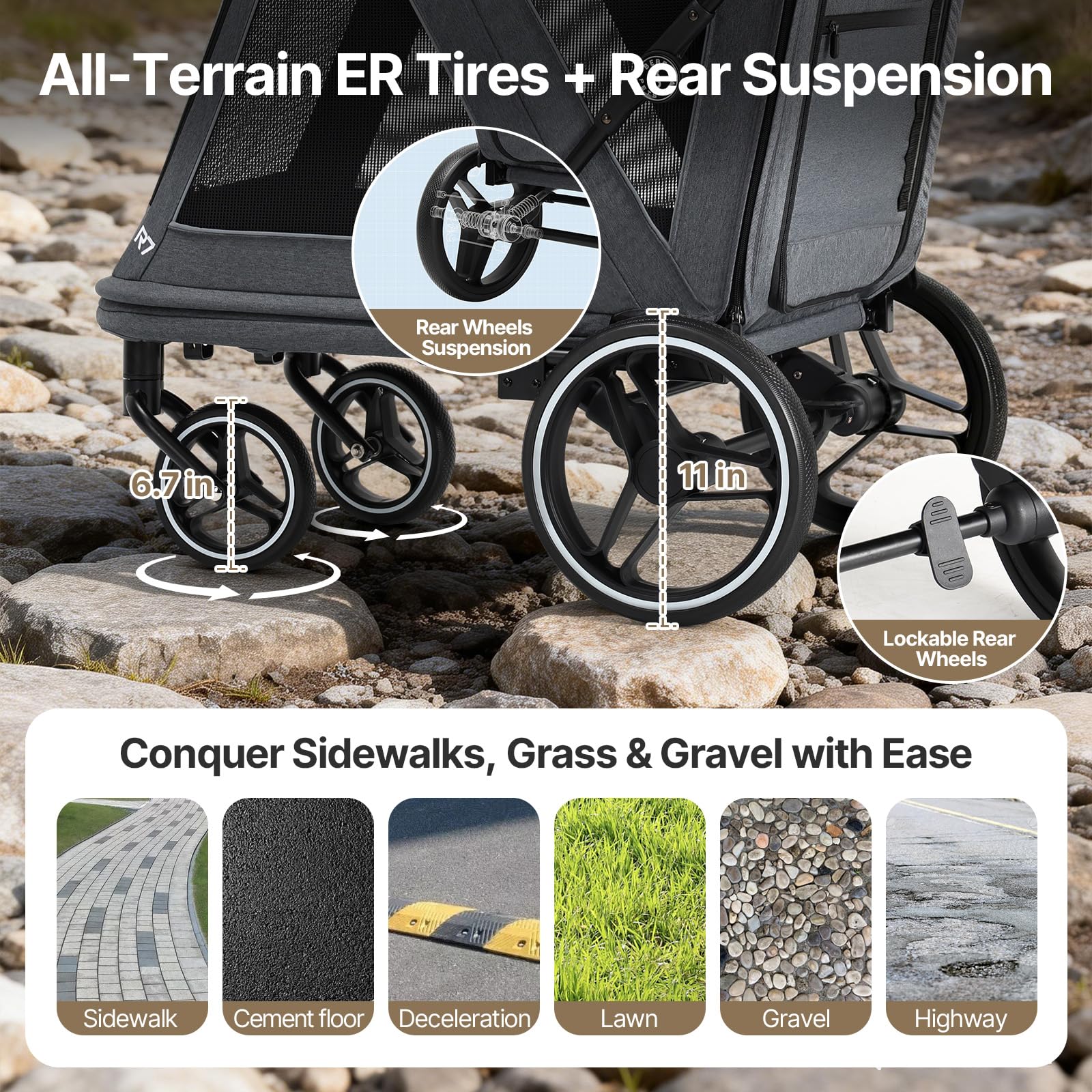 Beberoad 2-in-1-Hundebuggy & Fahrradanhänger für große Hunde, R7 All-Terrain Haustier-Kinderwagen mit ER-Reifen und Stoßdämpfung, Ein-Sekunden-Faltung, 360°-Netz-Belüftung, abnehmbares, waschbares