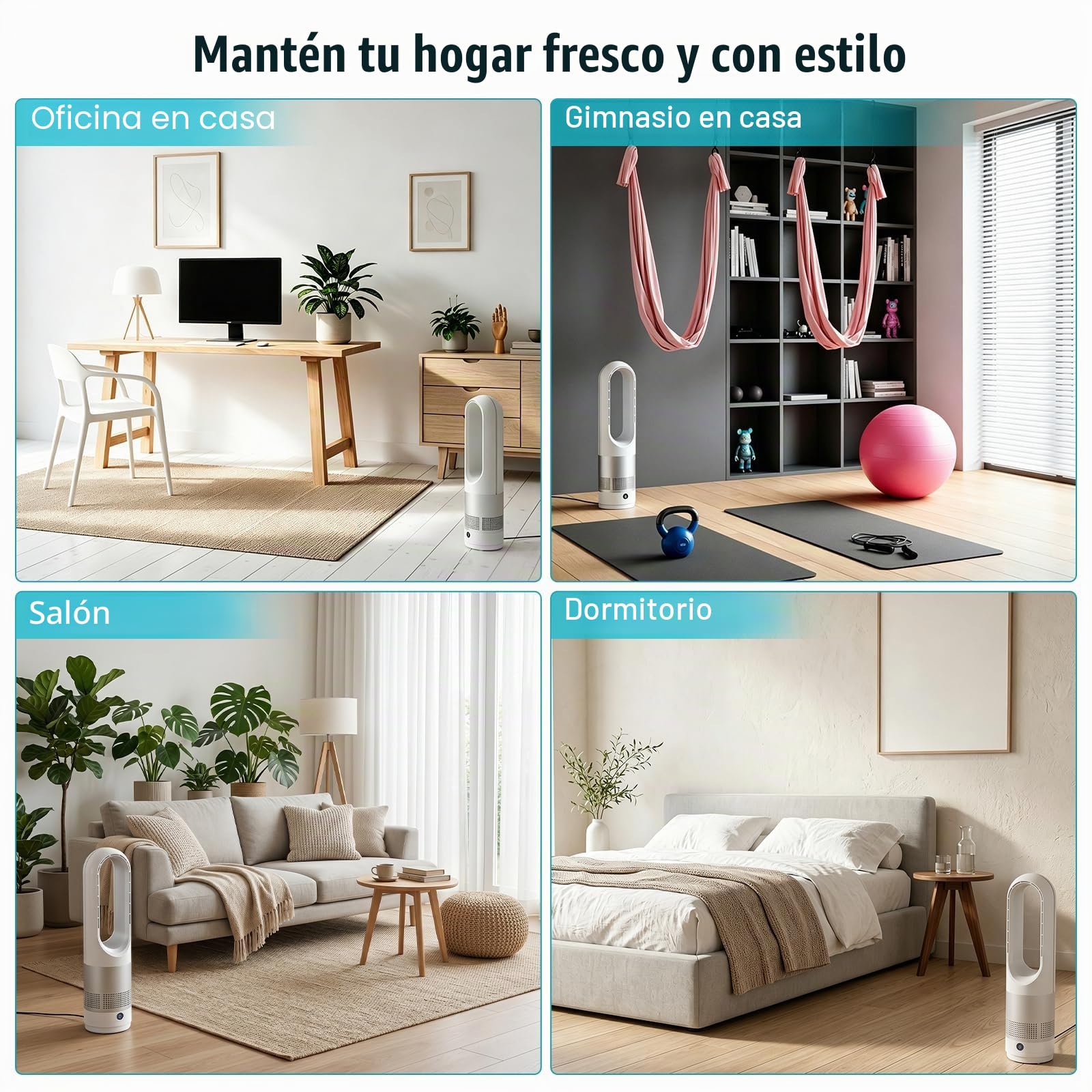 Ventilador sin aspas silenciosas, ventilador de columna con mando a distancia, oscilación 80°, 8 velocidades, temporizador 8H, LED ventilador portátil para oficina, dormitorio, sala de estar