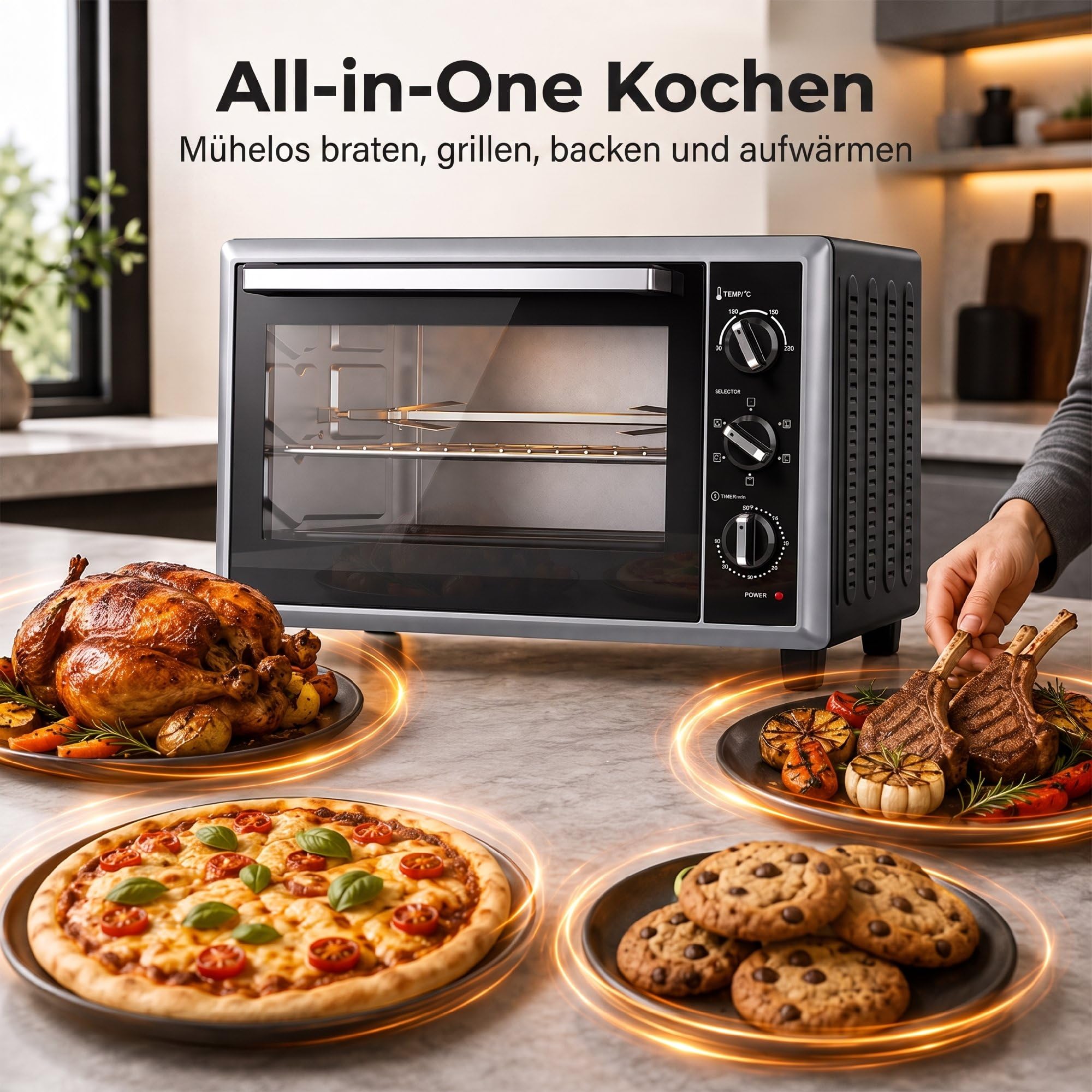 HOMCOM Mini piekarnik z obiegiem, rożen obrotowy, 46 l, 90-230 ℃, timer 60