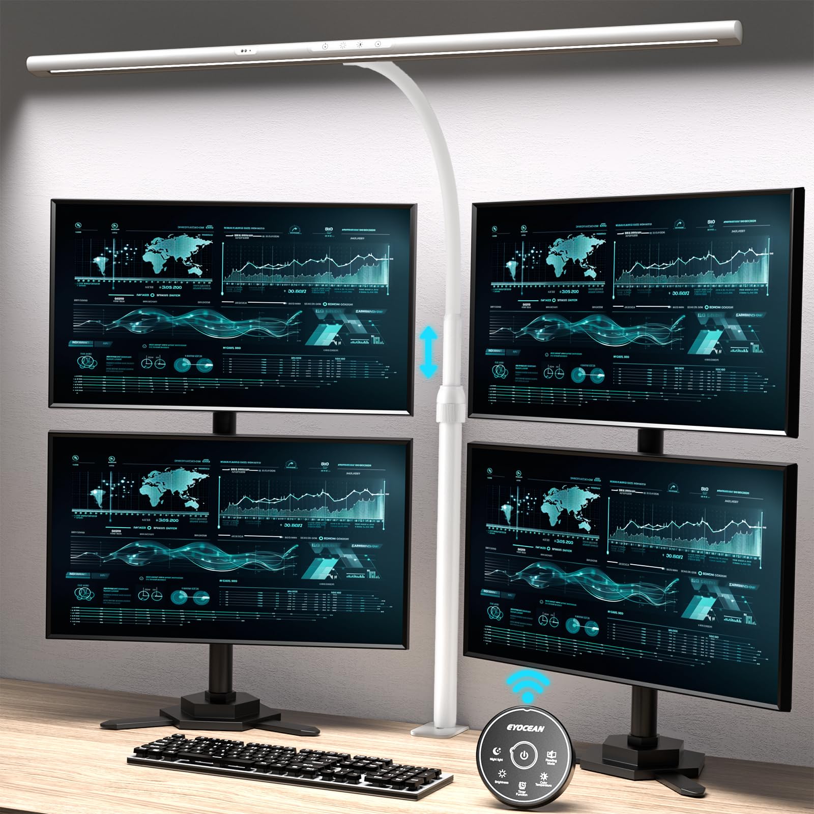 EYOCEAN Lampe de Bureau LED, 24W 80cm Lampe de Table avec Contrôle par Gestes & Télécommande, Perche télescopique à hauteur réglable, pour Employés de Bureau, Étudiants, Designers, Monteurs Vidéo