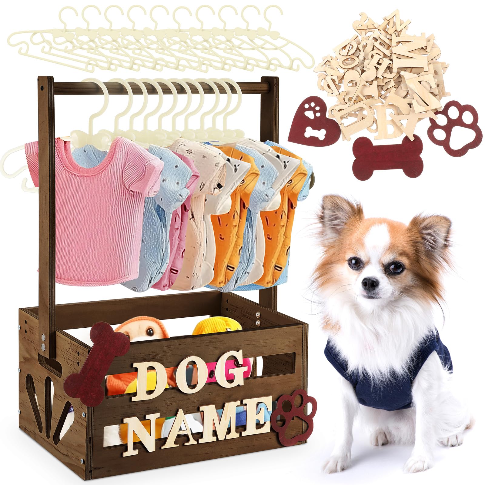 Teenyyou 20 x 13 x 9 Wooden Dog Closet Pet Wardrobe Crate Box with Hanging Rods and Personalized Alphabet Letters Easy Assembly Baskets for Dog Cat