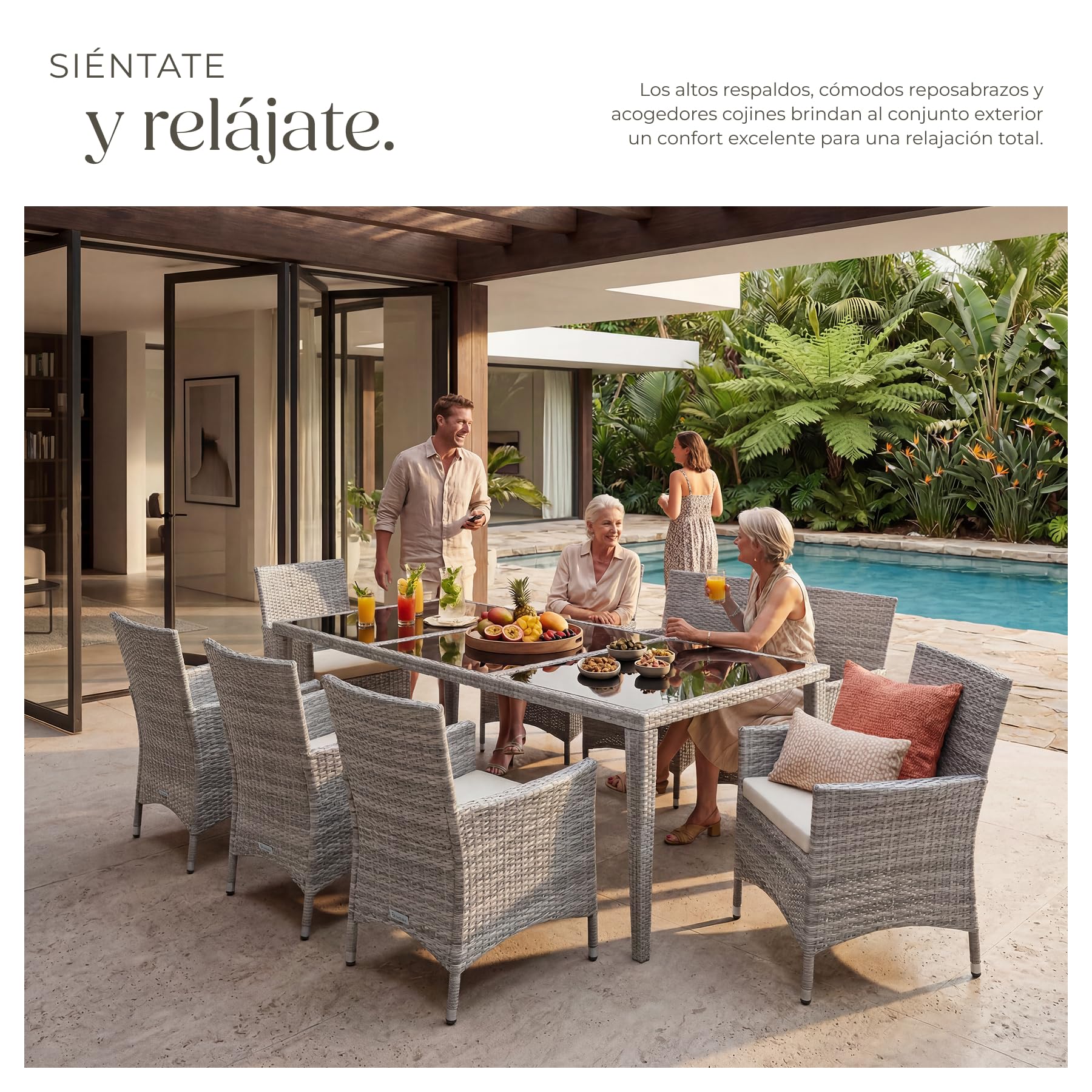 tectake® Conjunto Jardín Exterior de Ratán y Aluminio, Muebles Jardín Exterior Resistente a la Intemperie, 8 Sillas con Cojines, 1 Mesa con Cristal, 2 Juegos de Fundas y Funda Protectora - Gris Claro