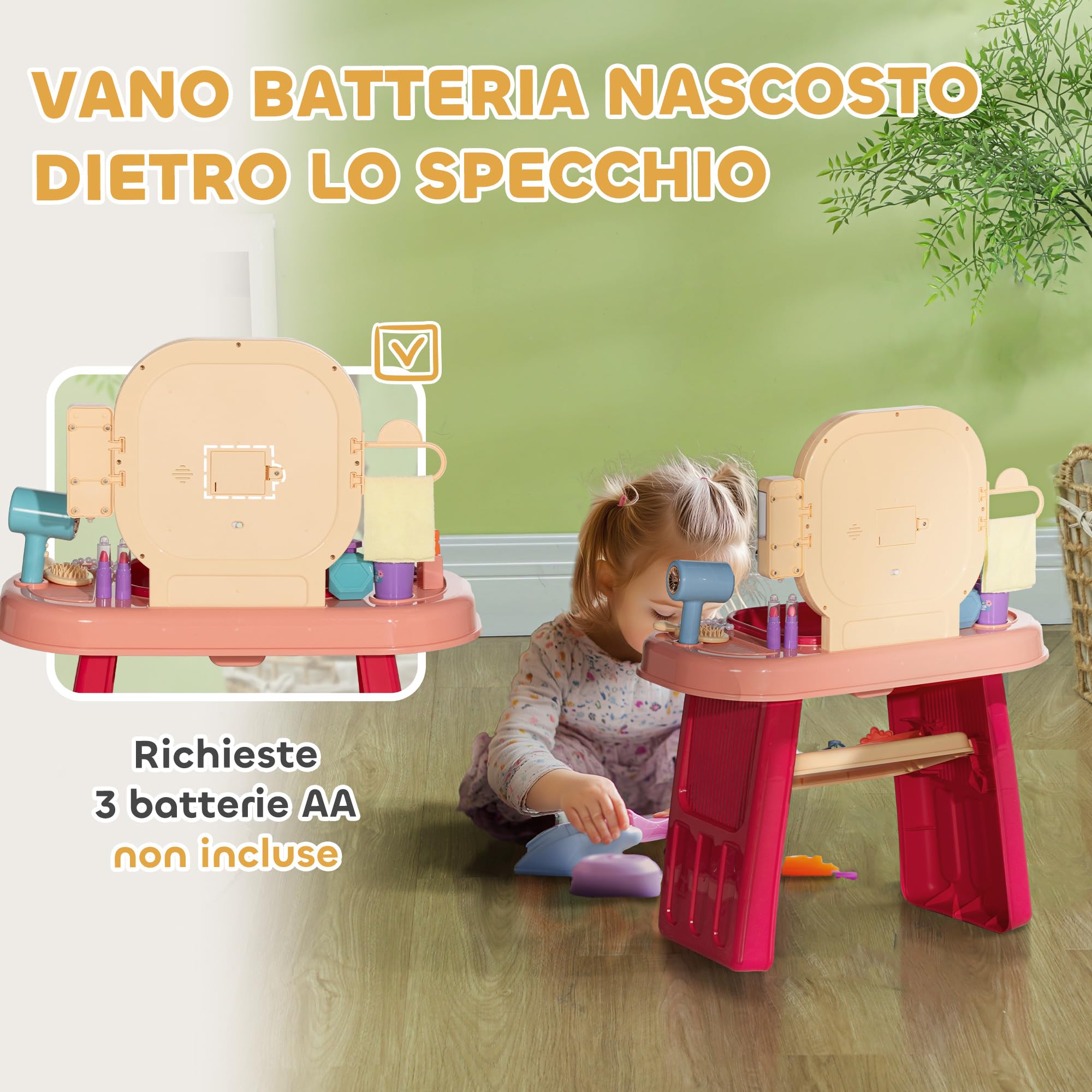 AIYAPLAY Tavolo Toeletta per Bambine 3-6 Anni con Specchio in Acrilico e Rubinetto, Gioco per Bambini in Plastica, 55x29x71 cm, Rosa