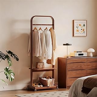 Solid Wood Clothing Racks with Shelves, Rolling Clothes Rack for Hanging Clothes Load 300 LBS, Portable Garment Rack with Wheels for Small Space (Walnut)