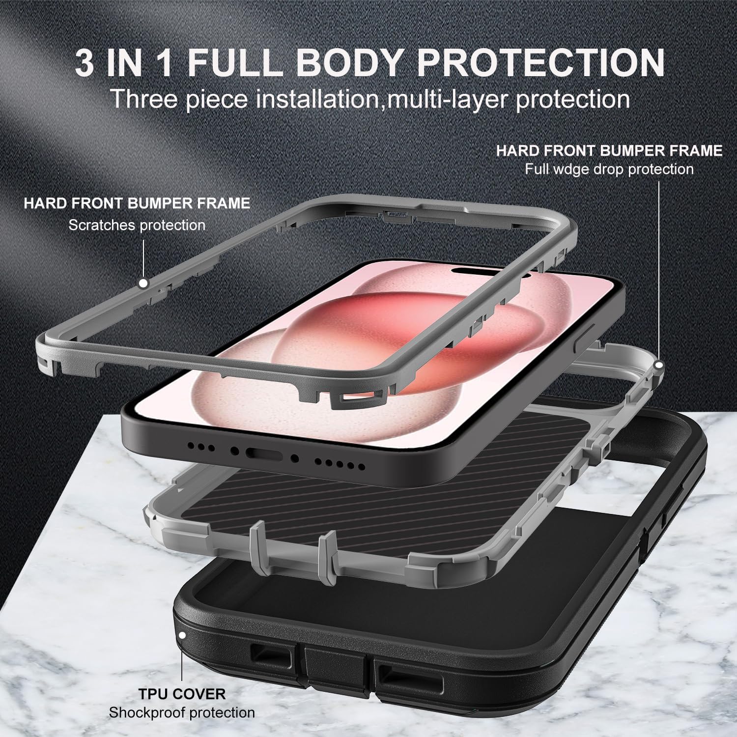 for iPhone 15 Case, Military Grade 3 in 1 Heavy Duty Shockproof/Drop Proof/Dust Proof Case with 2Pcs Tempered Glass Screen Protector (Black/Grey) - Image 4