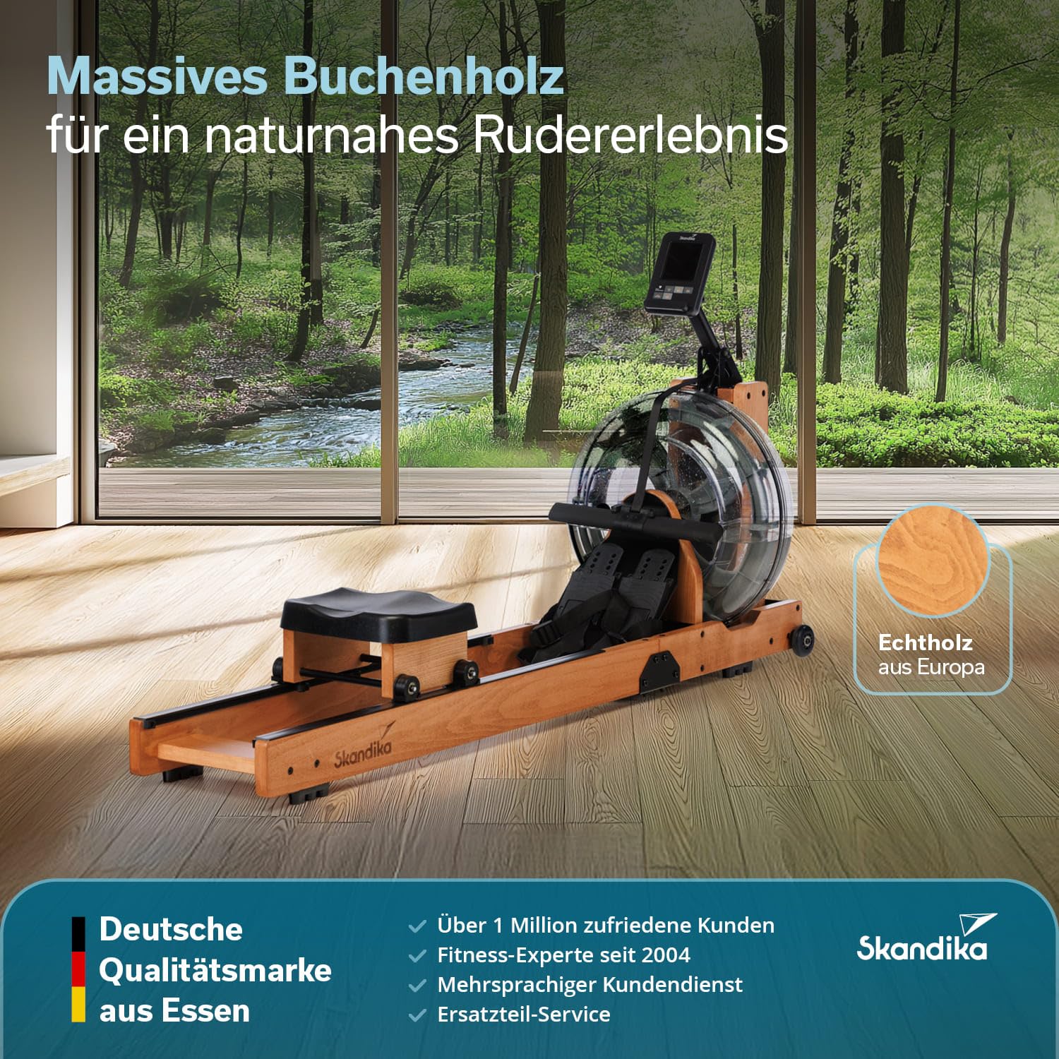 Skandika Rudergerät Wasser aus Holz Lykke | Wasser Rudergerät für Zuhause, 45% mehr Widerstand mit 90° Tank, aus massiver europäischer Buche, Kinomap App kompatibel, Wasserrudergerät platzsparend