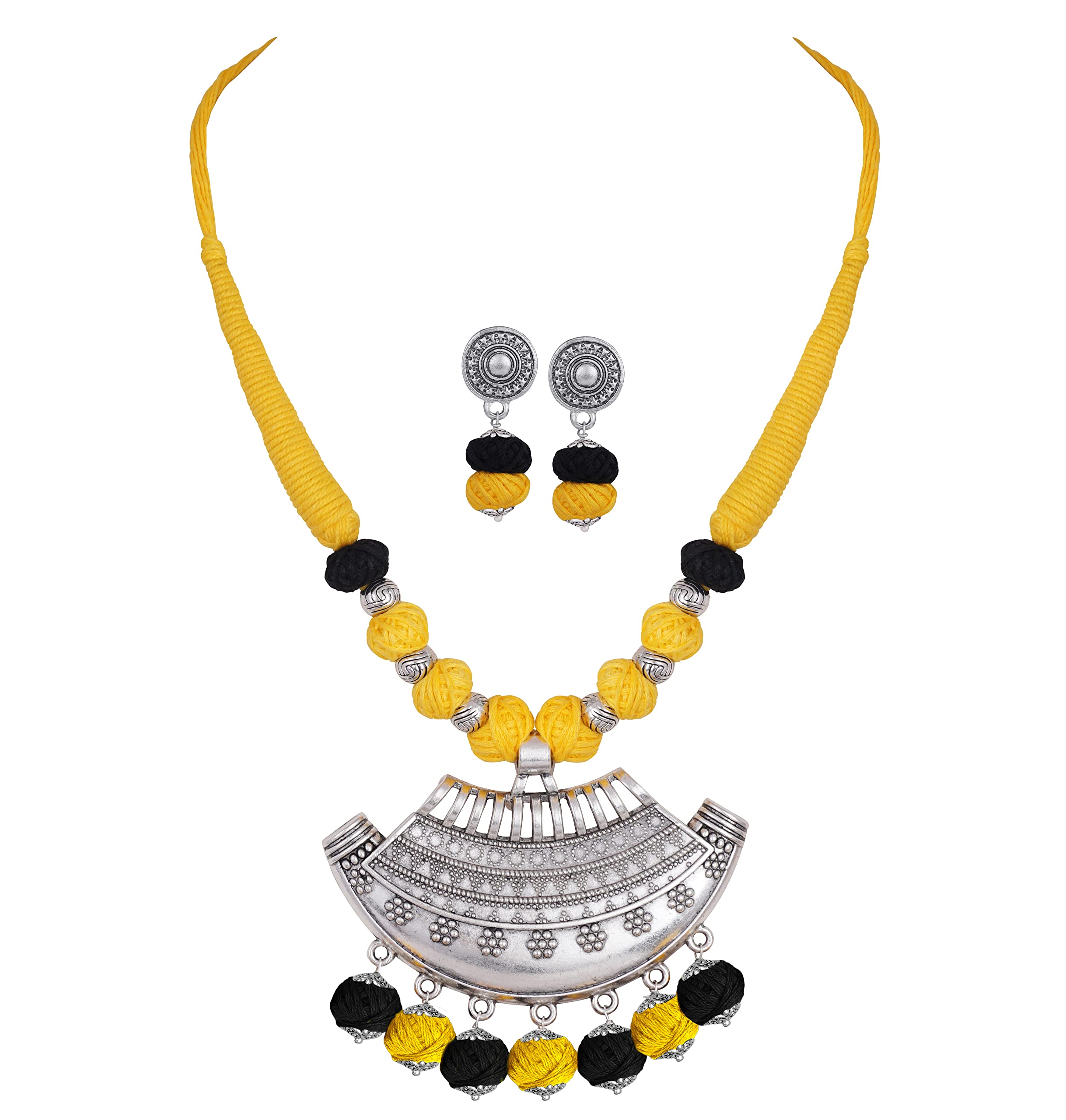 JFL - Jewellery for Less Traditional Oxidised Silver Chanda Tribal Designer Pendant with Cotton Thread Balls Handcrafted Necklace Set for Women & Girls.,Valentine (B0BQ7FPP12) Amazon Price History, Amazon Price Tracker