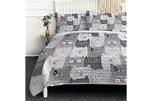 BlessLiving 3 Pieces Cat Quilt Set Kawaii King Size