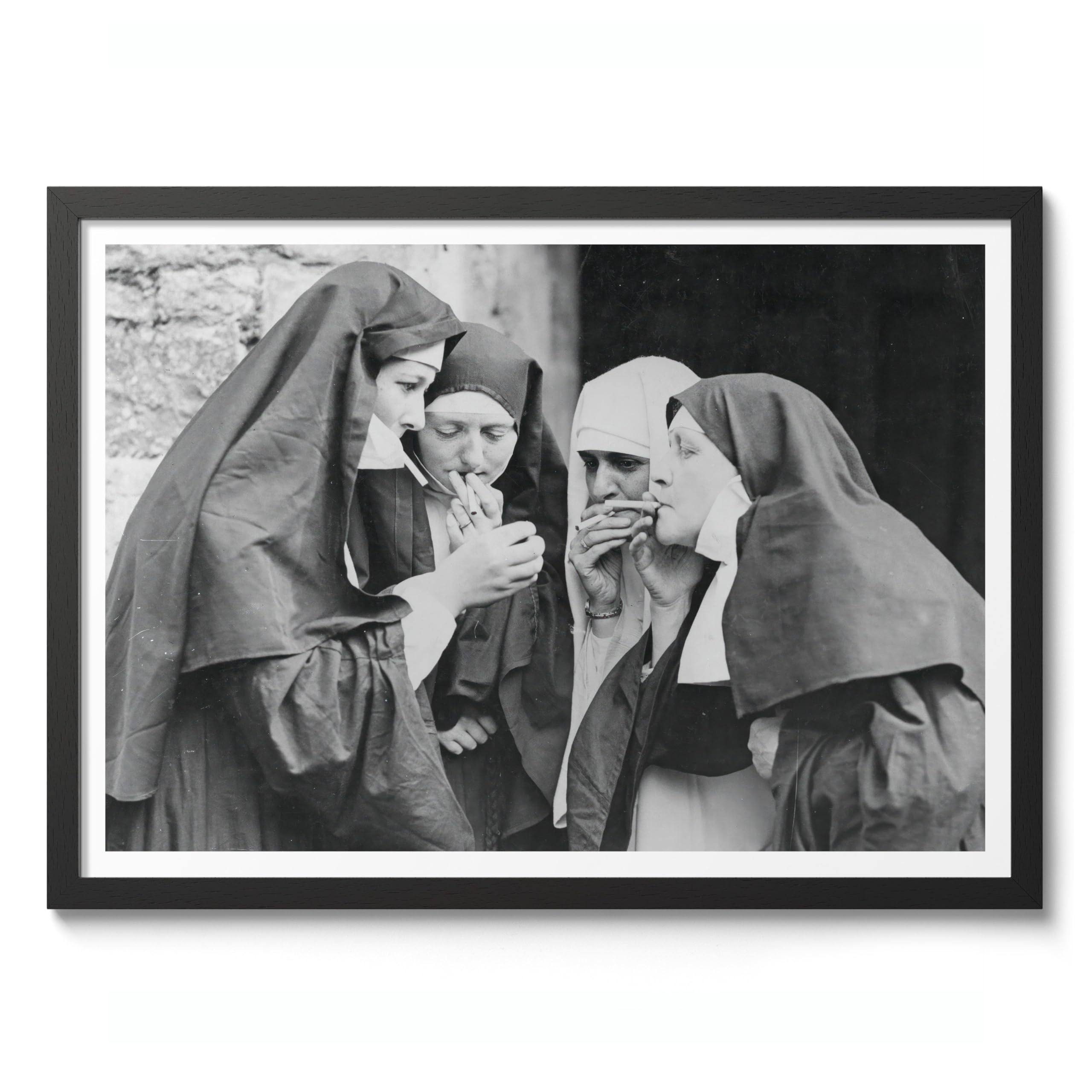 Smoking Nuns Poster Black & White Vintage Photography Print Minimalist Modern Interior Decoration, Archival Matte, 50x70cm (Black Frame) - 50x70cm