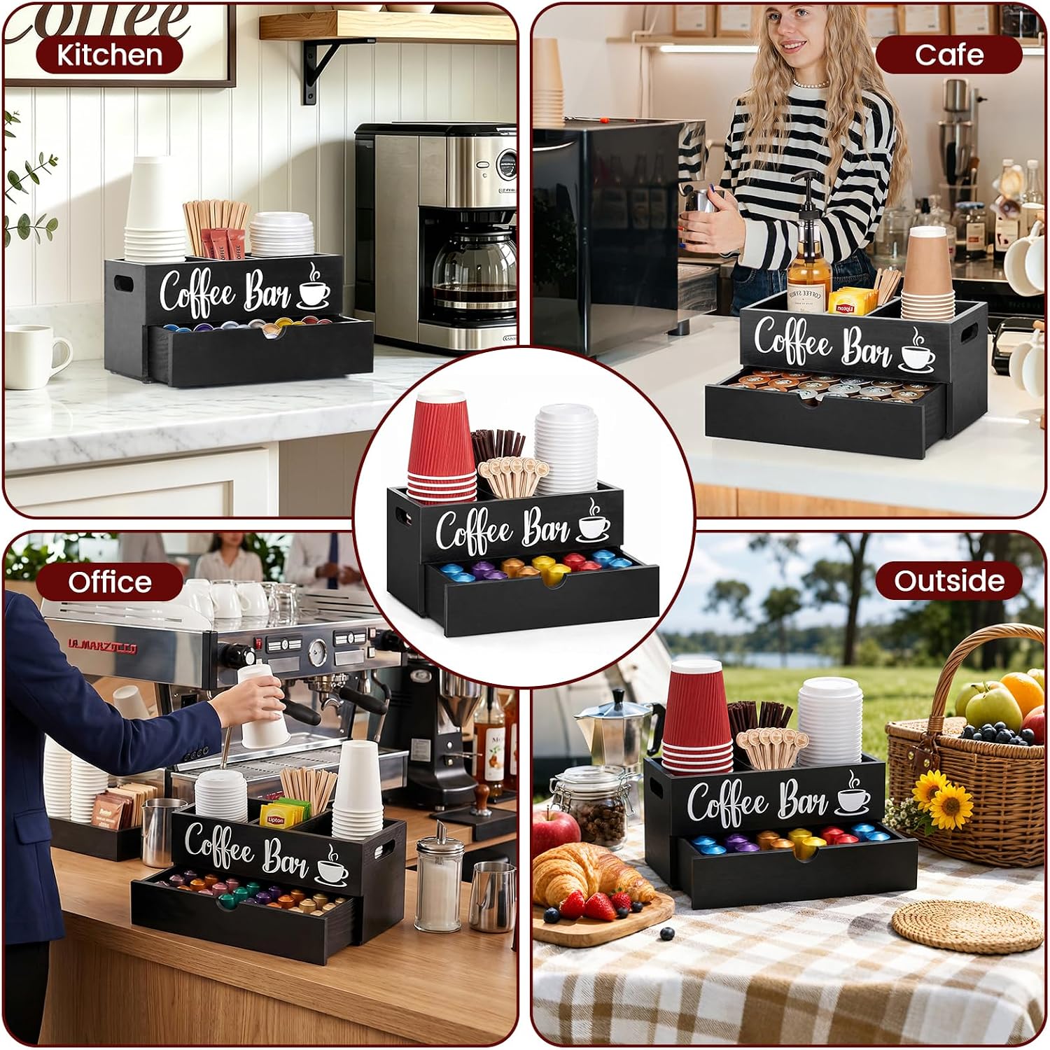 Coffee Cup Holder with Drawer, Wood Coffee Station Organizer for Countertop, Coffee Bar Accessories and Organizer for Pods Syrup Stirrers, Mini Cup Lid and Straw Dispenser for Breakroom, Office, Home