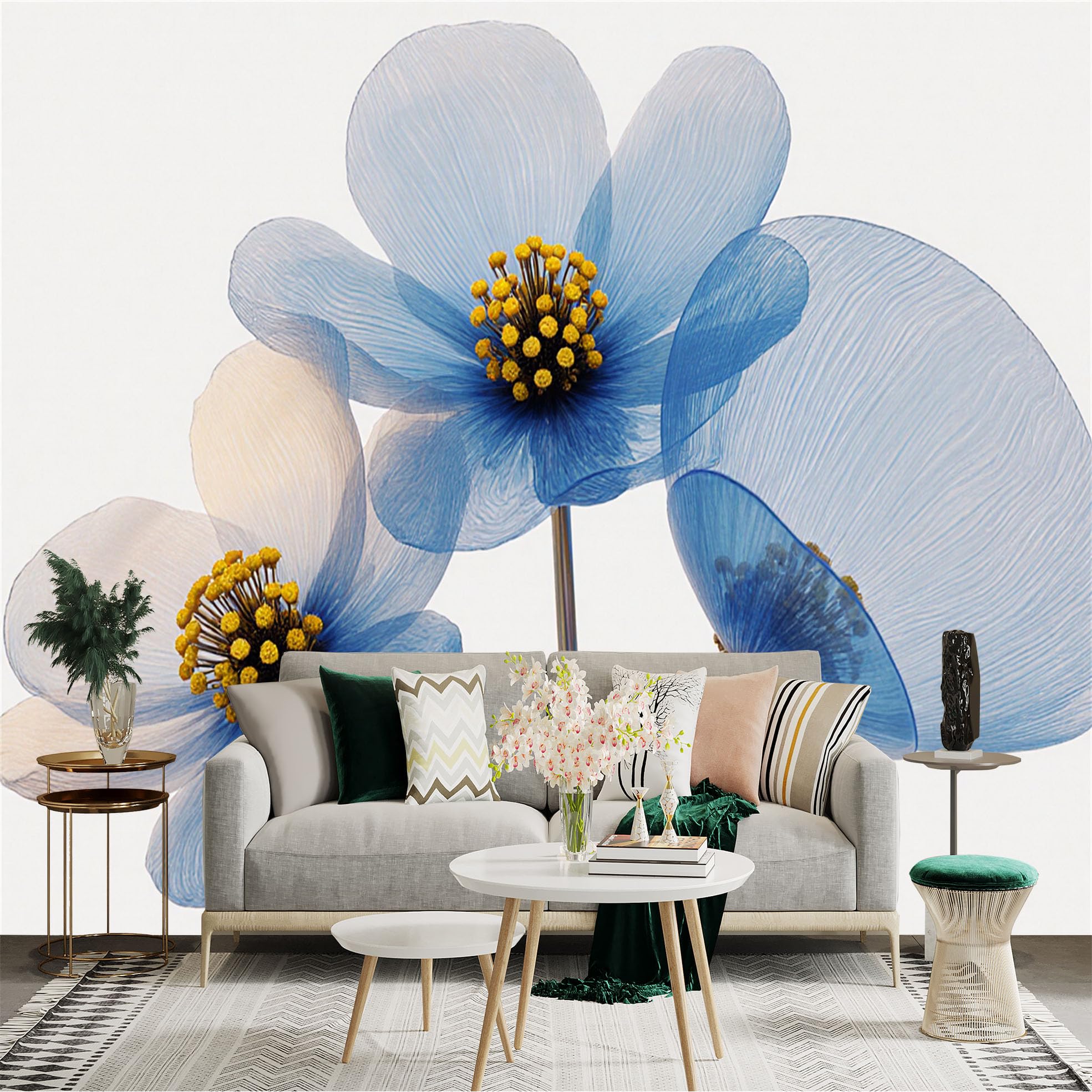 Custom Size Wall Sticker Mural， Translucent Blue Flowers， Artistic Floral Bouquet， Soft Petal Botanical Art， Minimalist Home Decor， for wall Decoration， peelandstick wall Decals.