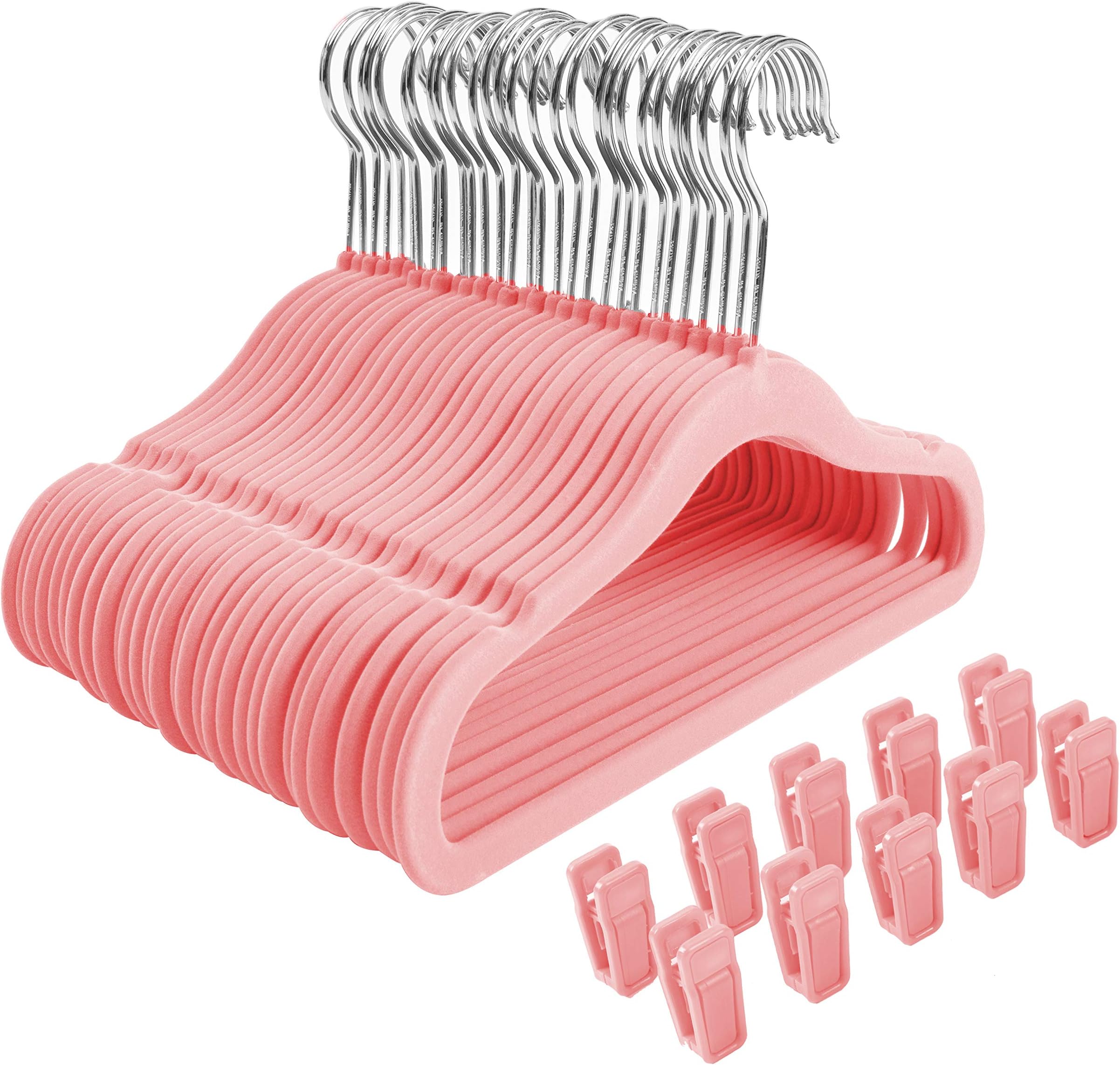 Non-Slip Clothes Hangers for Baby and Kids 30-Pack Velvet Hangers with 10 Finger Clips, Light Pink