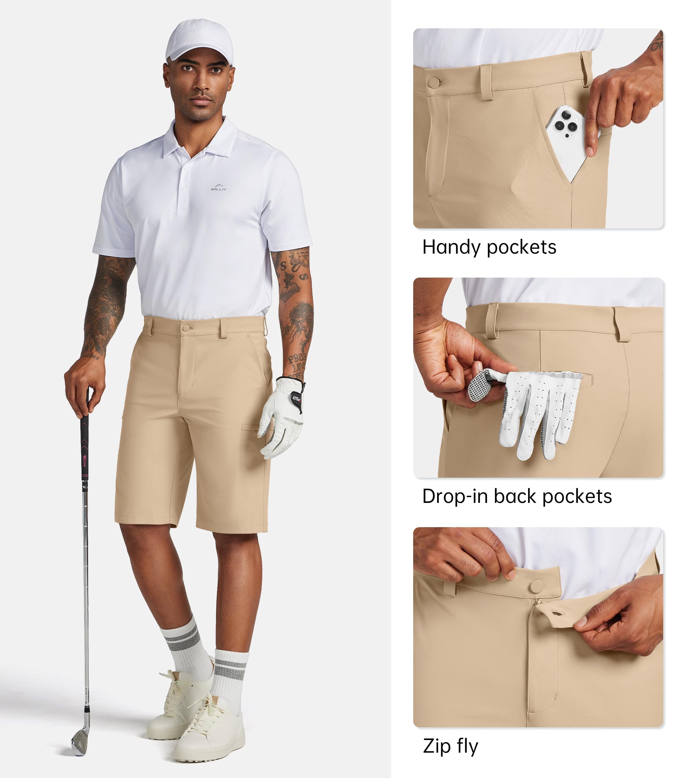 Willit Pantalones cortos de golf para hombre, elásticos, estilo cargo, de secado rápido, atléticos, casuales, con bolsillos, 17,8 cm, 22,8 cm y 27,9 cm