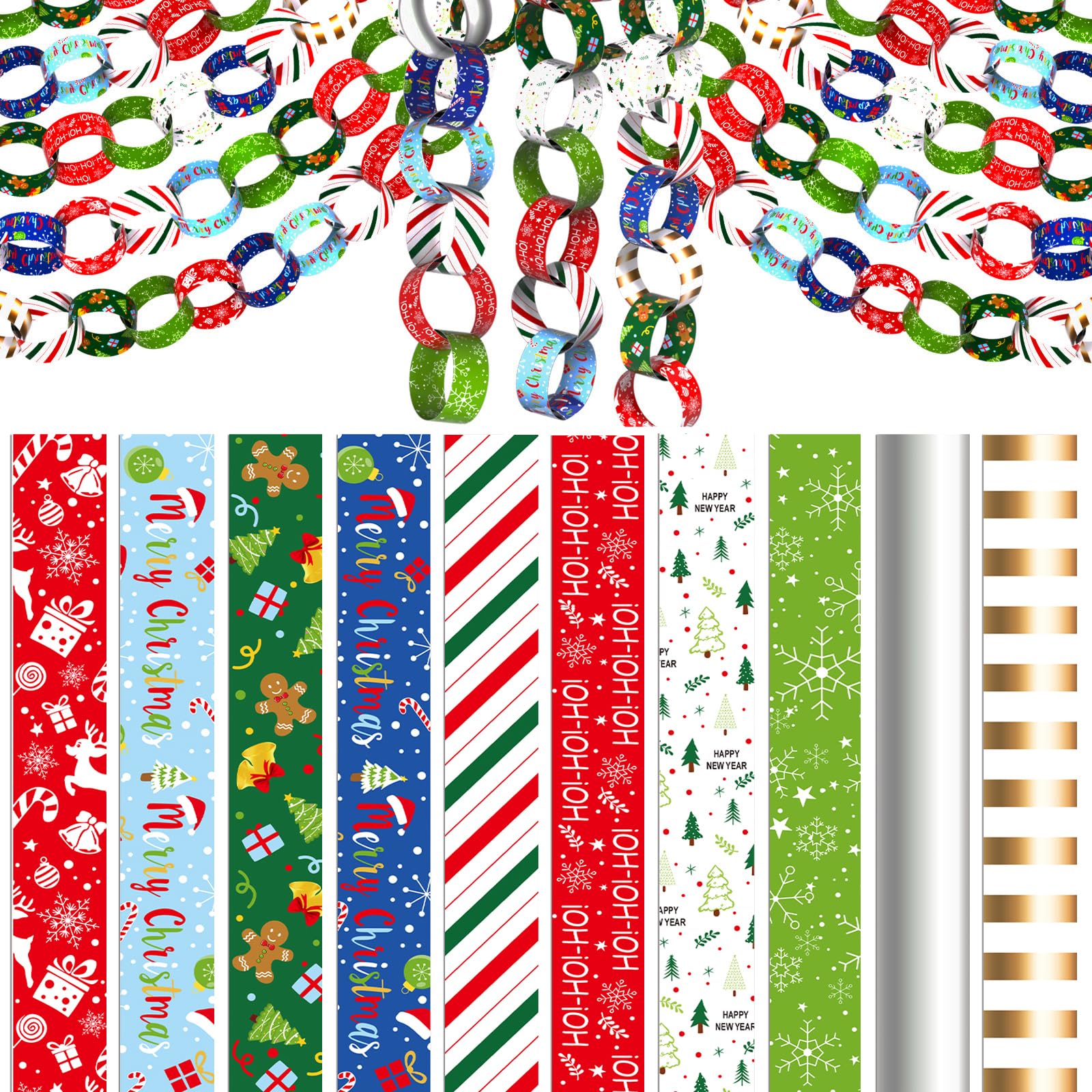 CHRORINE 600 Pcs Merry Christmas Pattern Paper Chain for Holiday Themed Party Decorations DIY Crafts Supplies (Christmas Colors, 1 x 7.08 inches)