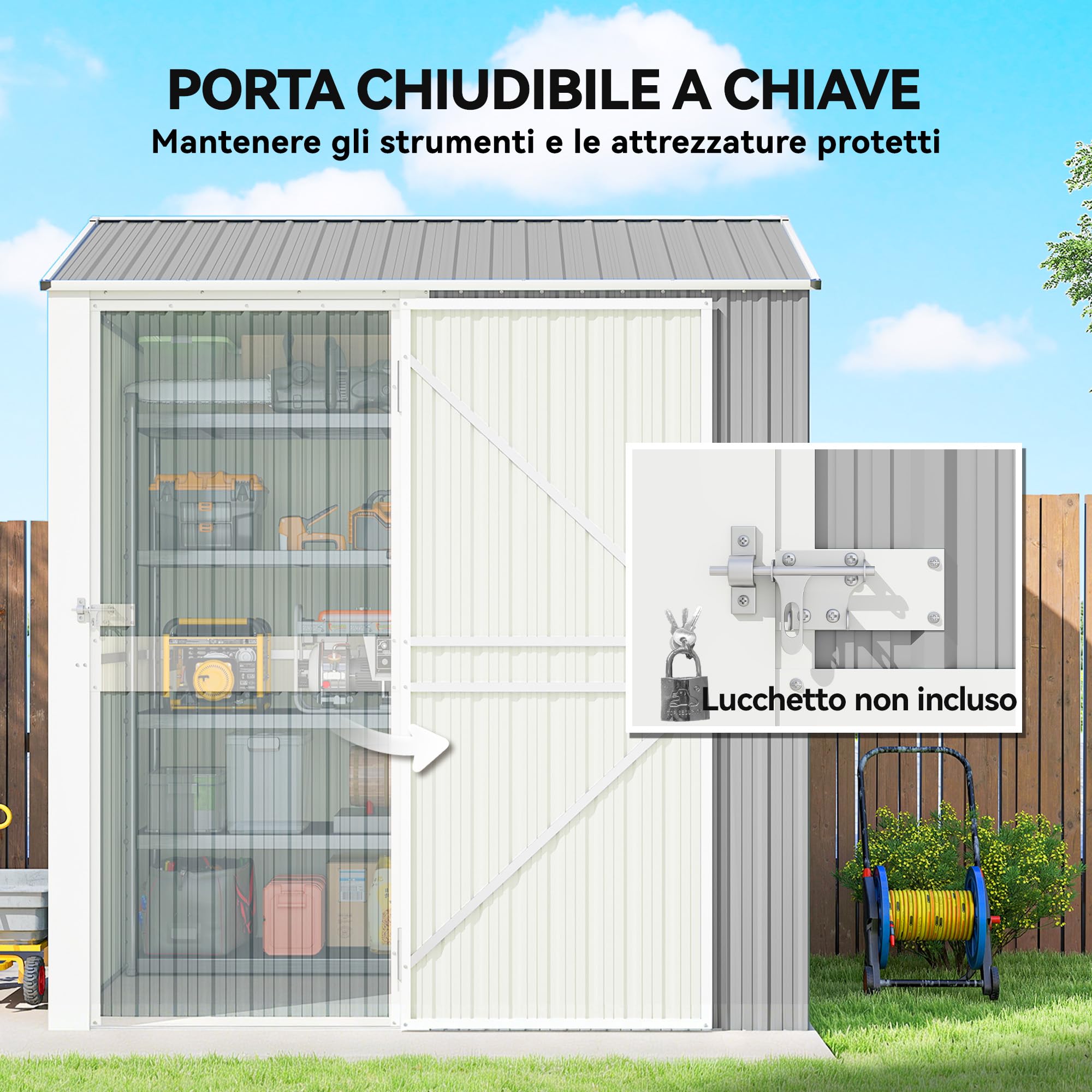 Outsunny Casetta da Giardino Alta 3.51m² in Acciaio Zincato con Prese d'Aria, Capanno da Giardino con Porta Bloccabile, Tetto Inclinato, Guanti, Capanno Porta Attrezzi, 209x177x236 cm, Grigio Argento