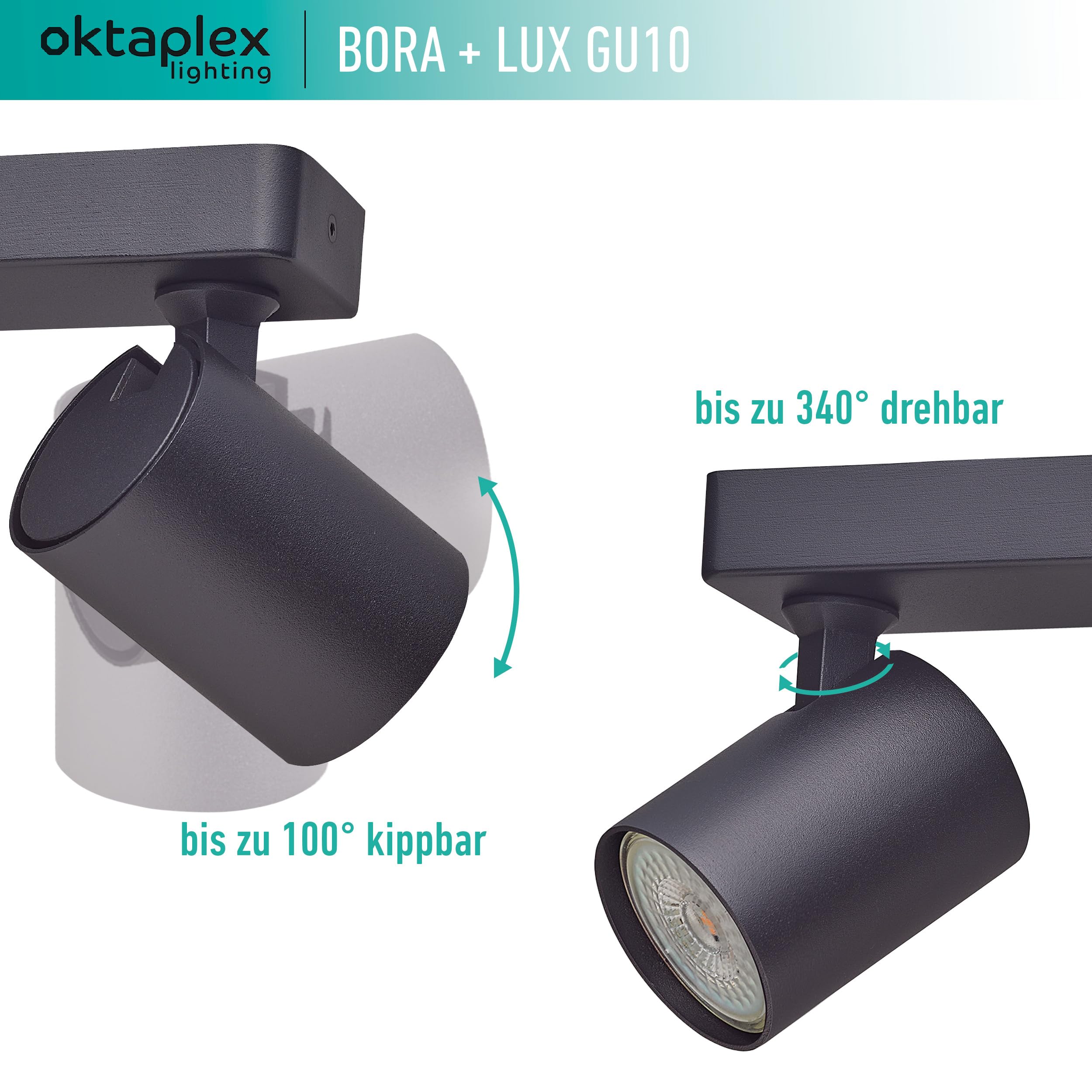 Oktaplex Bora Deckenstrahler 3-flammig schwarz inkl. Leuchtmittel | 3-Stufen dimmbar GU10 400lm 2700K warmweiß 4,8W 230V - Spotbalken