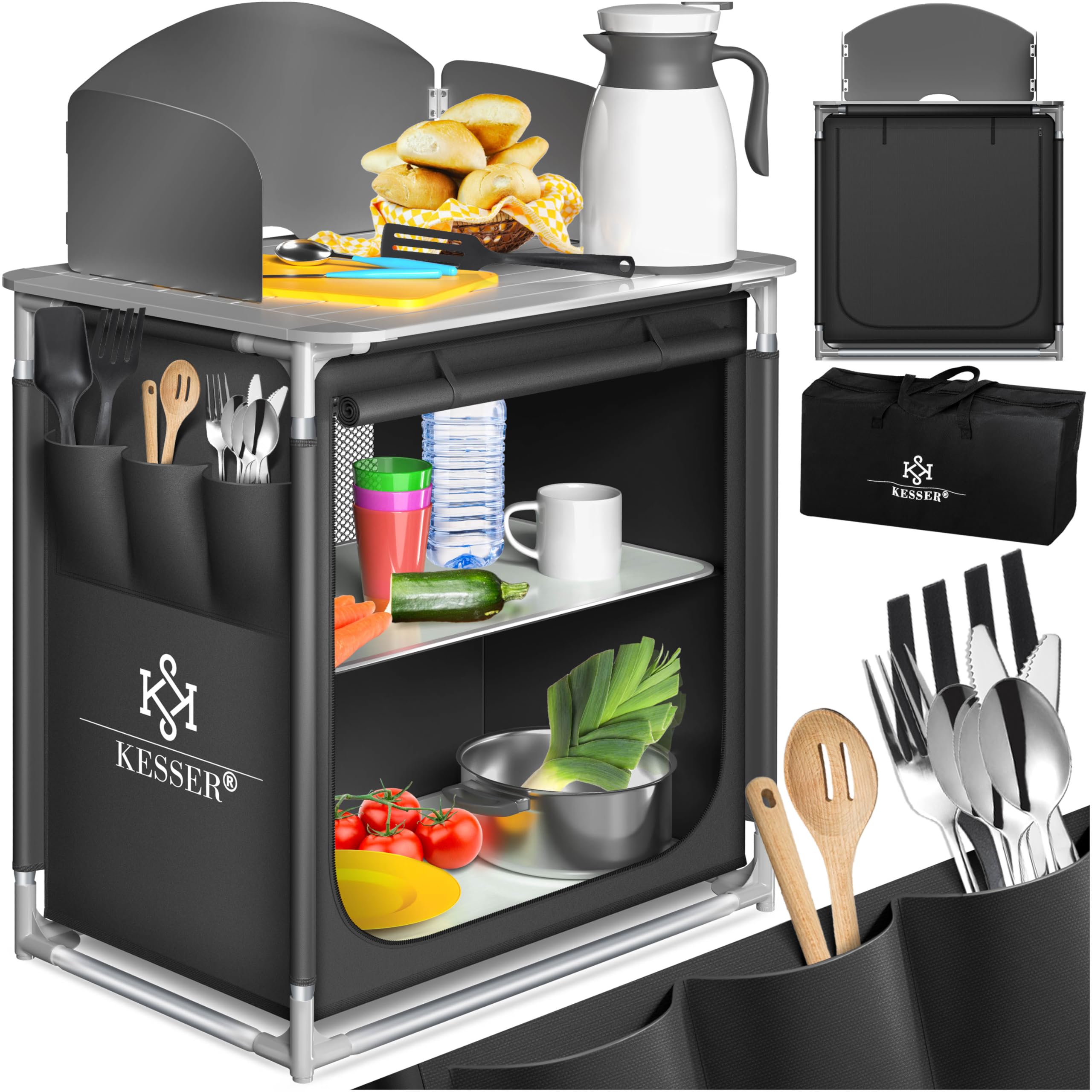 KESSER Campingküche mit Tragetasche, Becherset und Faltschrank – Aluminiumgestell, Anthrazit