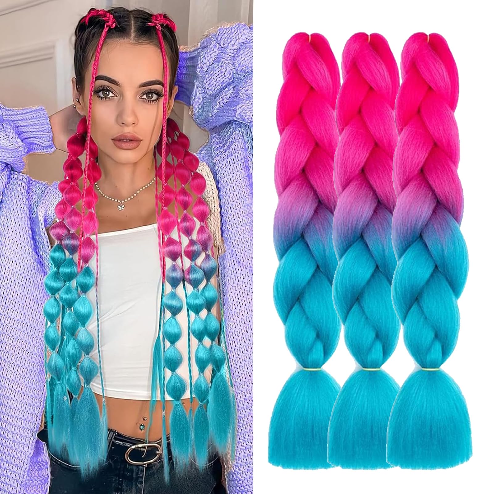 Jumbo Braiding Hair Extension Colourful Xpression Pre Stretched 3 Packs 24inch Braiding Hair Heat Resistant Synthetic African Box Braids Crochet Twist Rainbow hair (Peach red-Navy blue)