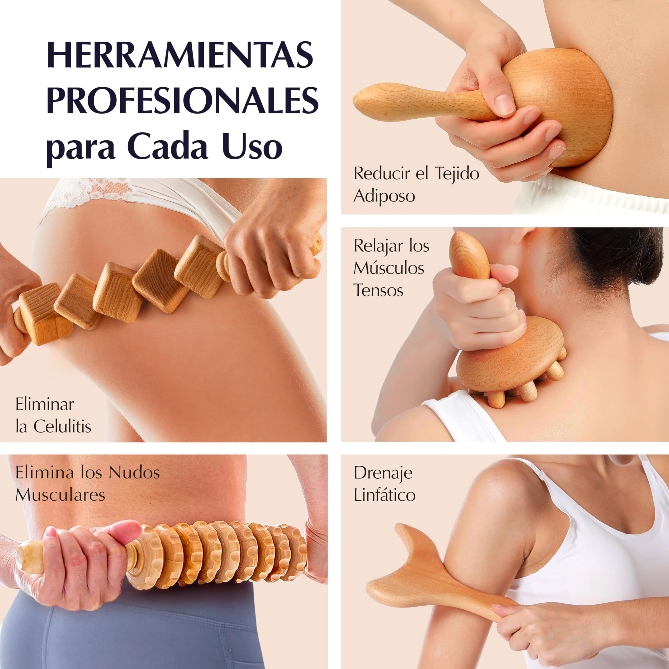 JARIS - Kit de Maderoterapia Corporal Profesional para Masajes - Maderoterapia Abdomen y Celulitis - Pack Maderoterapia con Instrucciones QR - Kit de Maderoterapia Ecofriendly