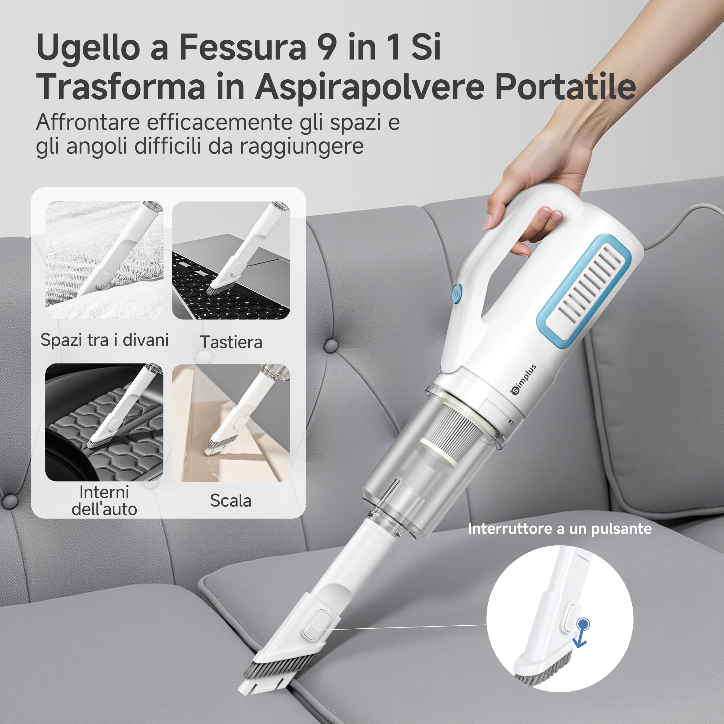 SIMPLUS Aspirapolvere 9 in 1 con cavo, 500 W, 16 KPa, aspirapolvere a mano e a mano, leggero da 1 kg, HEPA F8, cavo da 4 m, senza sacchetto, per pavimenti duri, tappeti, peli di animali (bianco)