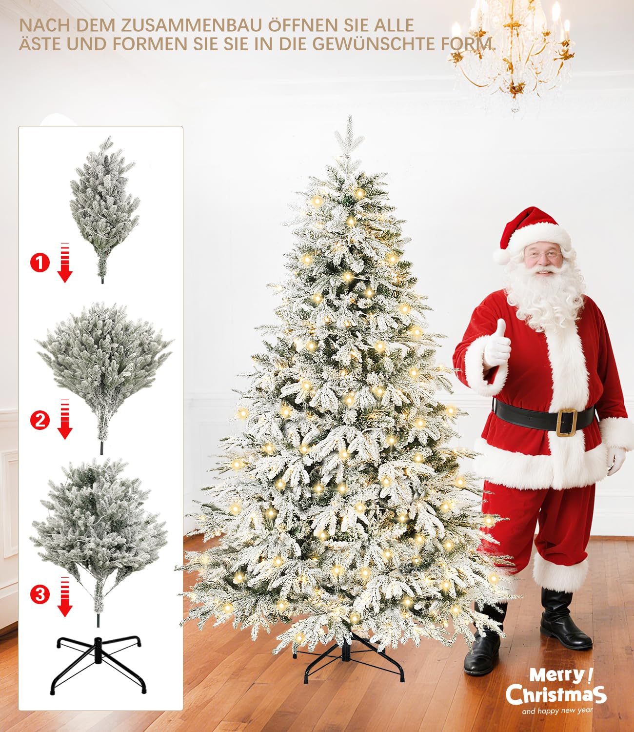 DEWUR Sapin de Noël Artificiel avec éclairage et Neige, Support en métal