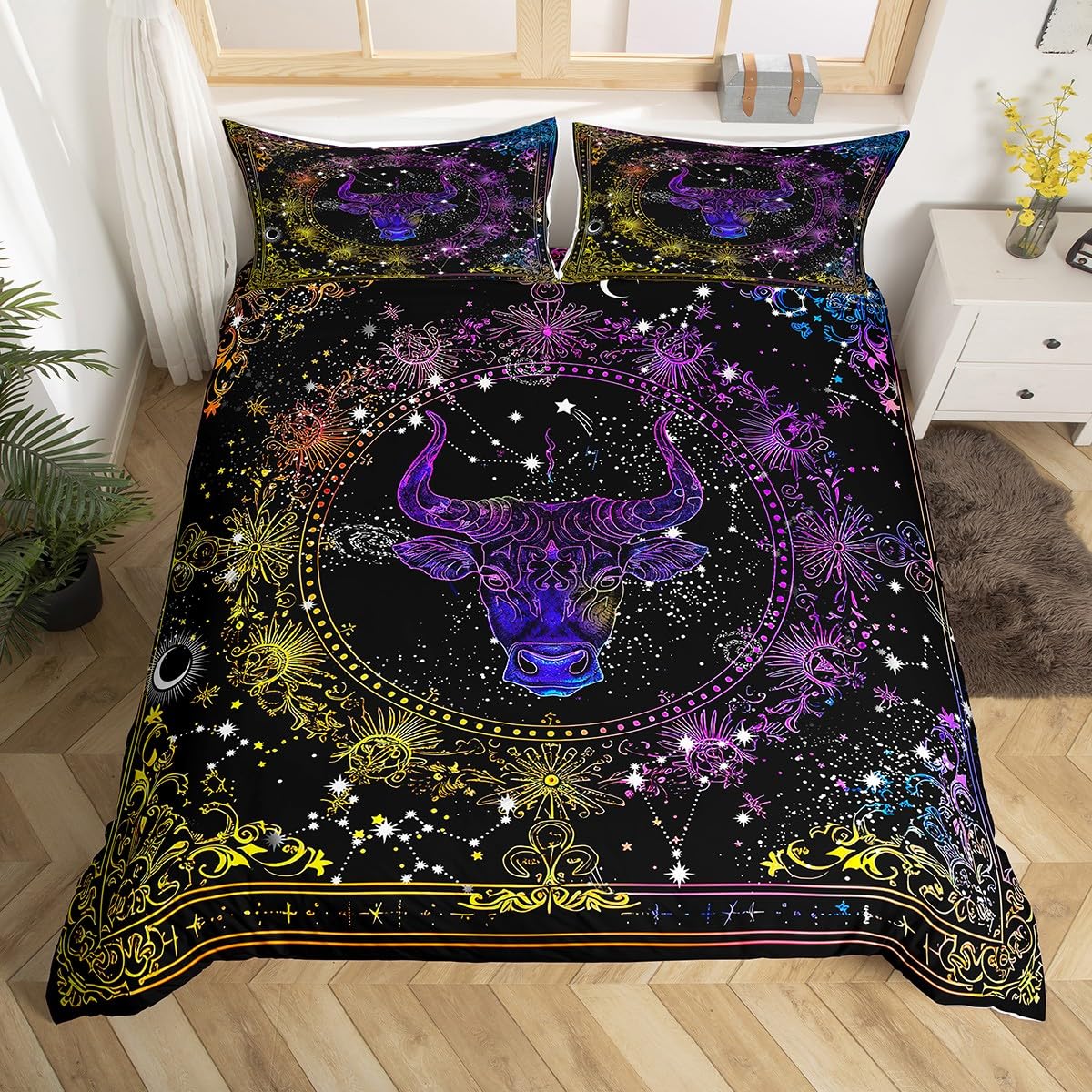 Loussiesd Taurus Constellation Comforter Cover Astrology Bedding Set for Kids Boys Girls Teens Room Decor Zodiac Psychedelic Duvet Cover Super King Size Horoscope Bedspread Cover 3Pcs Zipper
