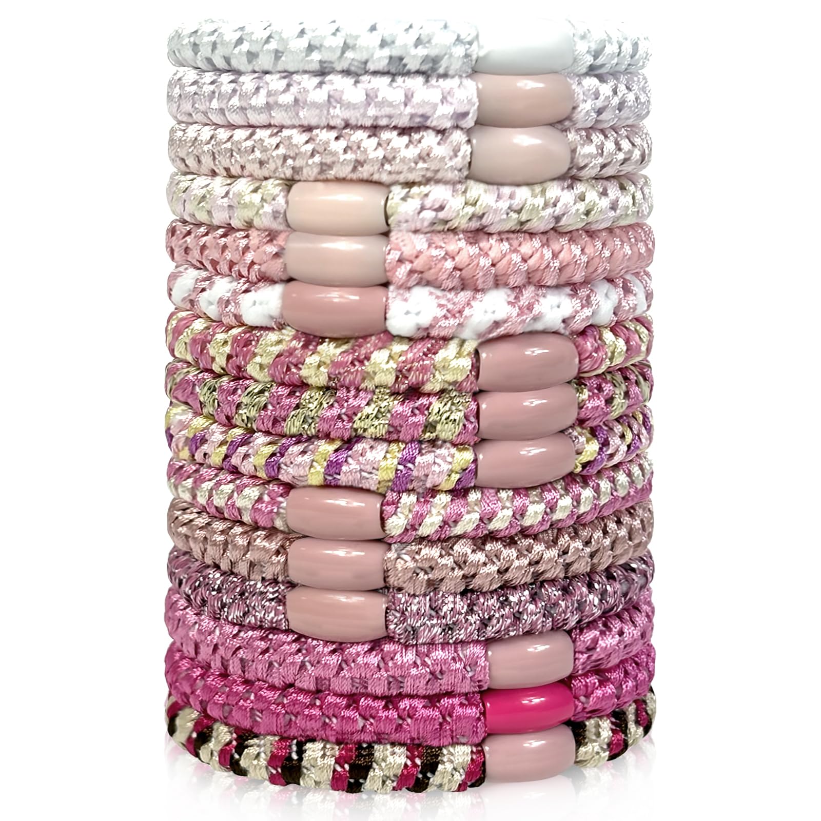 Sularpek Haargummi Damen 15 Stück Pink Series Haargummis Mädchen, Sanfte Geflochtene Zopfgummis ohne Metall, Schonend für Locken und Glattes Haar, Ideal für Sport Party Alltag