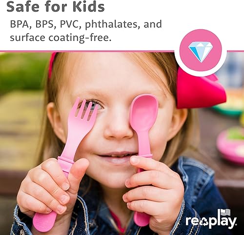 Miniatura 5 de Re-Play Tenedores y cucharas para niños pequeños, paquete de 8 con estuche de transporte, 4 tenedores para niños con puntas redondeadas y 4 cucharas