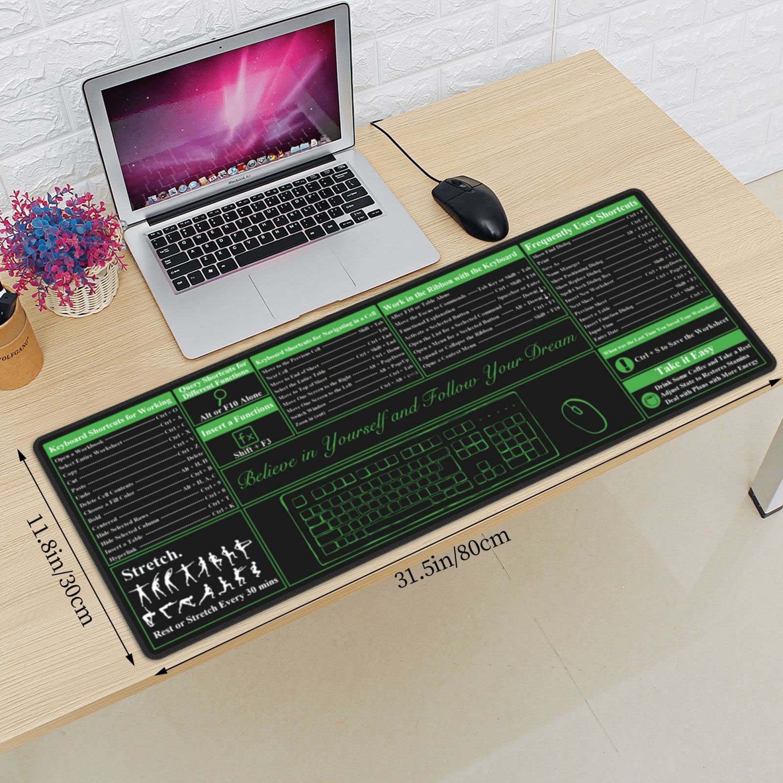 Excel Shortcut Mauspad XL (80x30 Cm) – Mit Genähten Kanten, Rutschfest & Wasserdicht, Für Büro Und Gaming