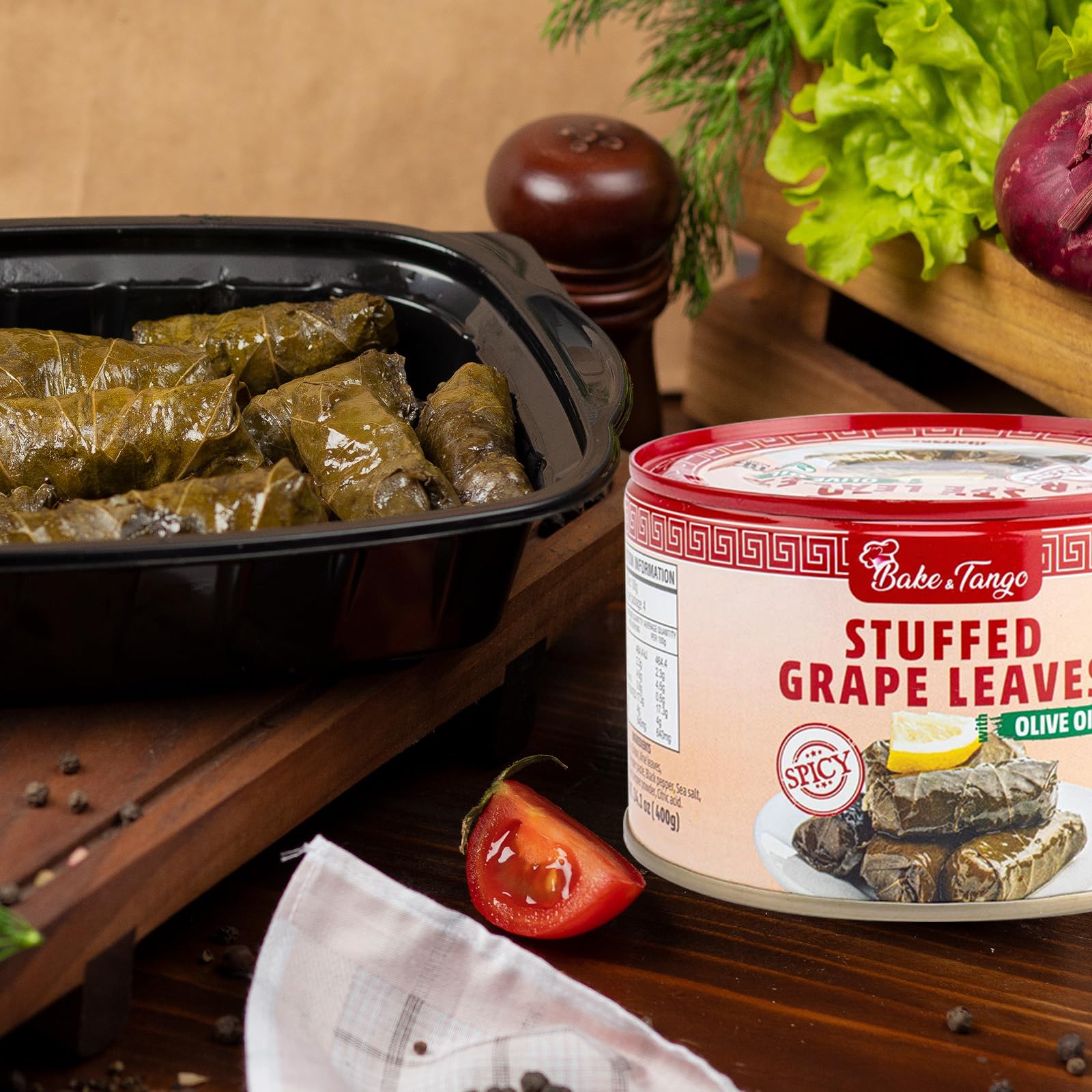 Bake and Tango Spicy Stuffed Grape Leaves with Olive Oil, 14 oz | Authentic Mediterranean Recipe, Premium Quality, Ready-to-Eat, Vegan and Gluten-Free Appetizer or Snack