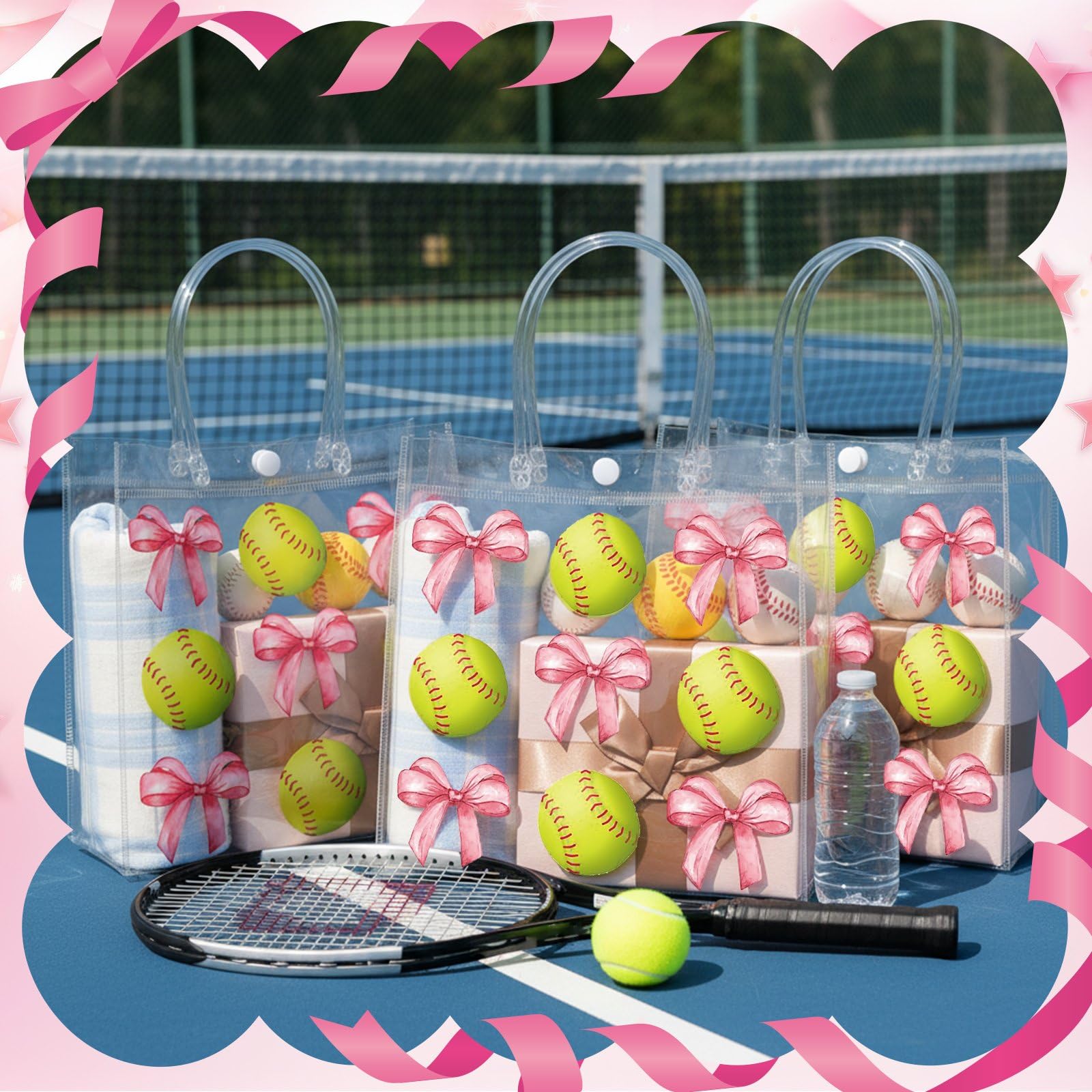 Teenyyou 24 Pcs Softball Clear Gift Bag with Handles Plastic Soft Ball Goodie Sport Theme Party Favor Team Treat Bag with Pink Bow for Birthday Team Snack, 8 x 8 x 3.15 Inches