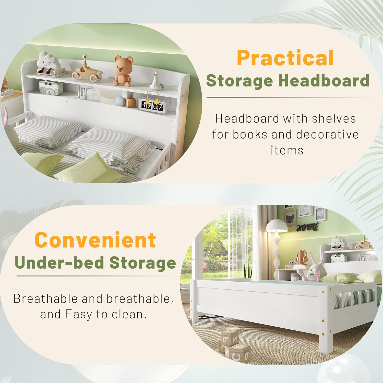 Full Bed Frame for Kids with Rails,Wood Full Bed with LED Lights and Storage Headboard,Full Size Platform Bed with Slats Support for Girls Boys,No Box Spring Needed,White