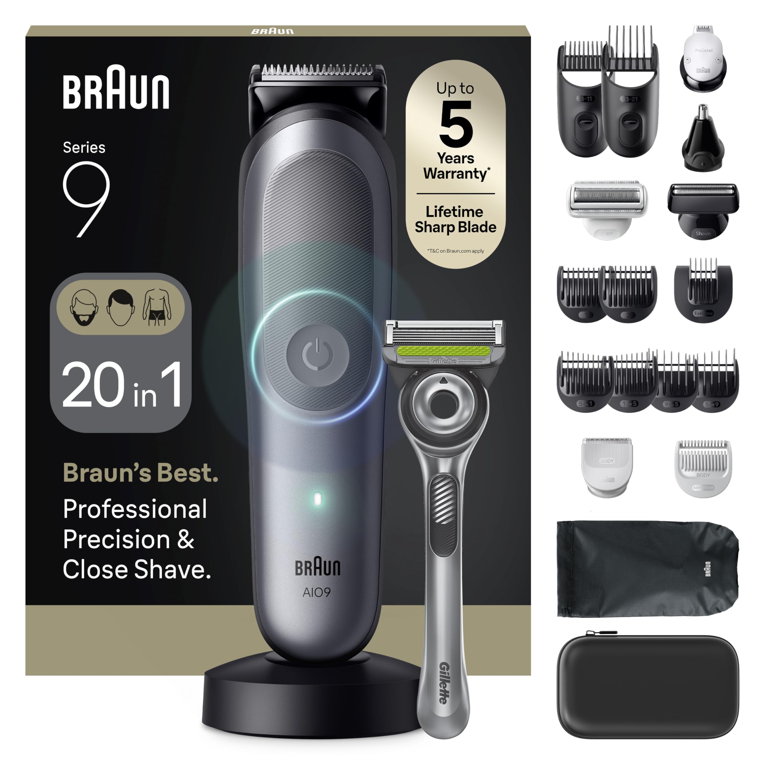 Braun Multigroom All-in-One Series 9, 20-in-1 Trimmer, AIO9540, Grau | Barttrimmer, Nasenhaartrimmer, Haarschneidemaschine, 14 Längen, 120 Min. Akku, Wasserdicht, Inkl. Gillette Labs Rasierer