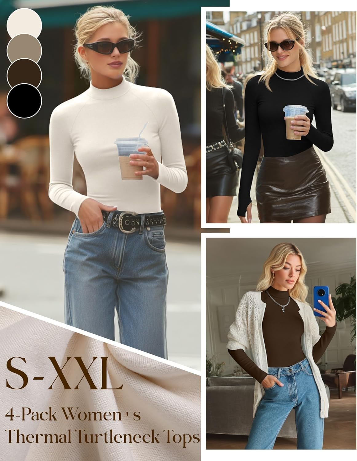 4 Pack Women's Thermal Mock Turtleneck Tops Fleece Long Sleeve Shirts Undershirt Pullover Tops with Thumb Holes - Image 3