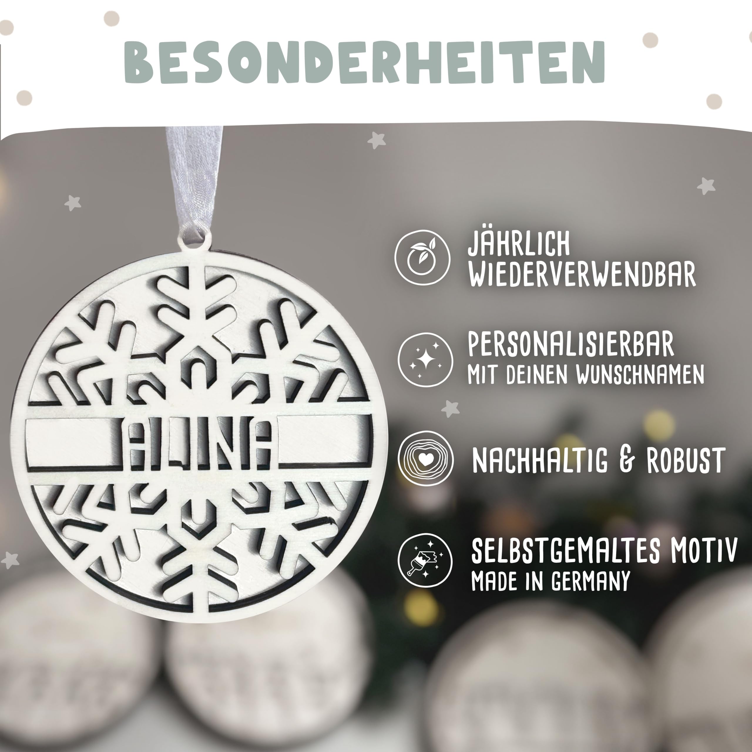Personalisierte Weihnachtskugeln aus Holz - Christbaumkugeln mit Namen | Verschiedene Sets | Christbaumschmuck | Weihnachtsdeko - Hello mini (Schneeflocke, 5er Set)