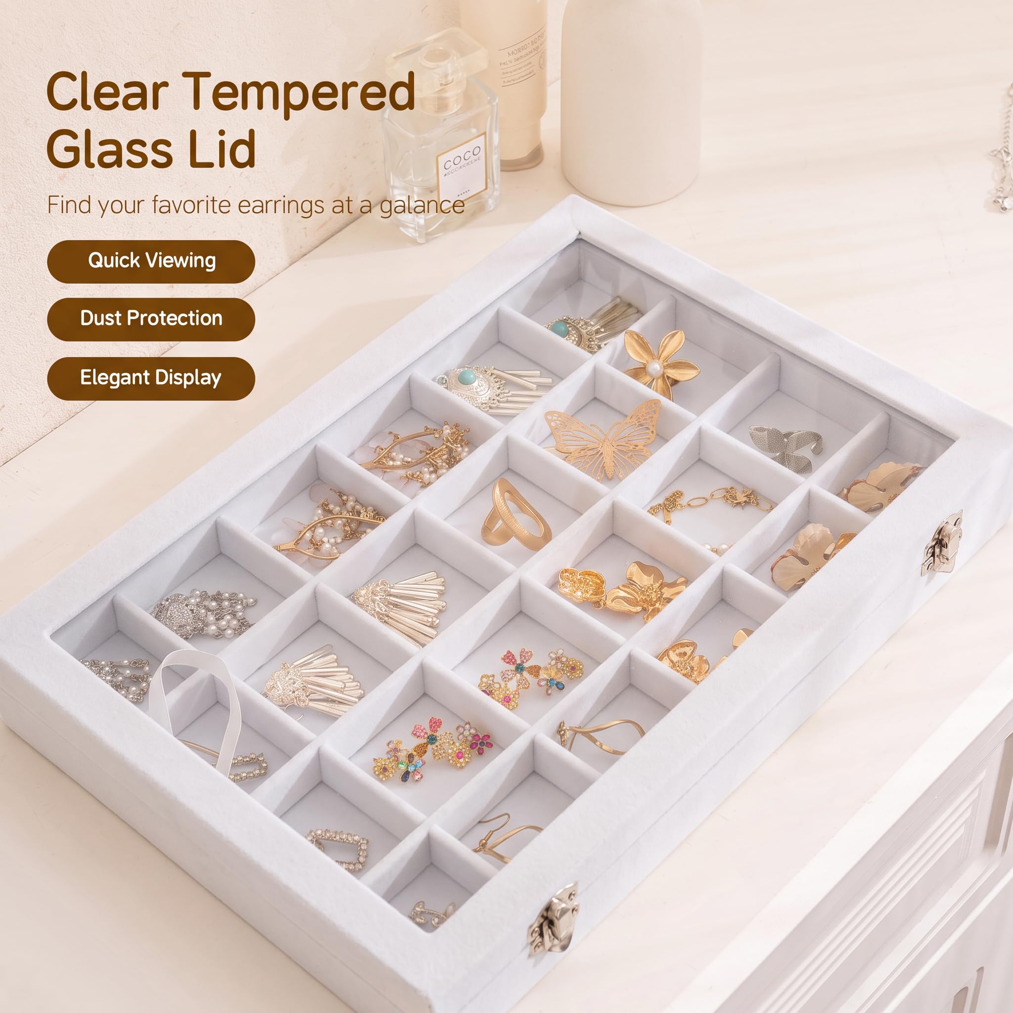 Frebeauty Plateau de rangement à bijoux avec couvercle transparent - 24 compartiments - Boîte de rangement en velours avec couvercle en verre transparent - Présentoir à bijoux avec serrure - Cadeau