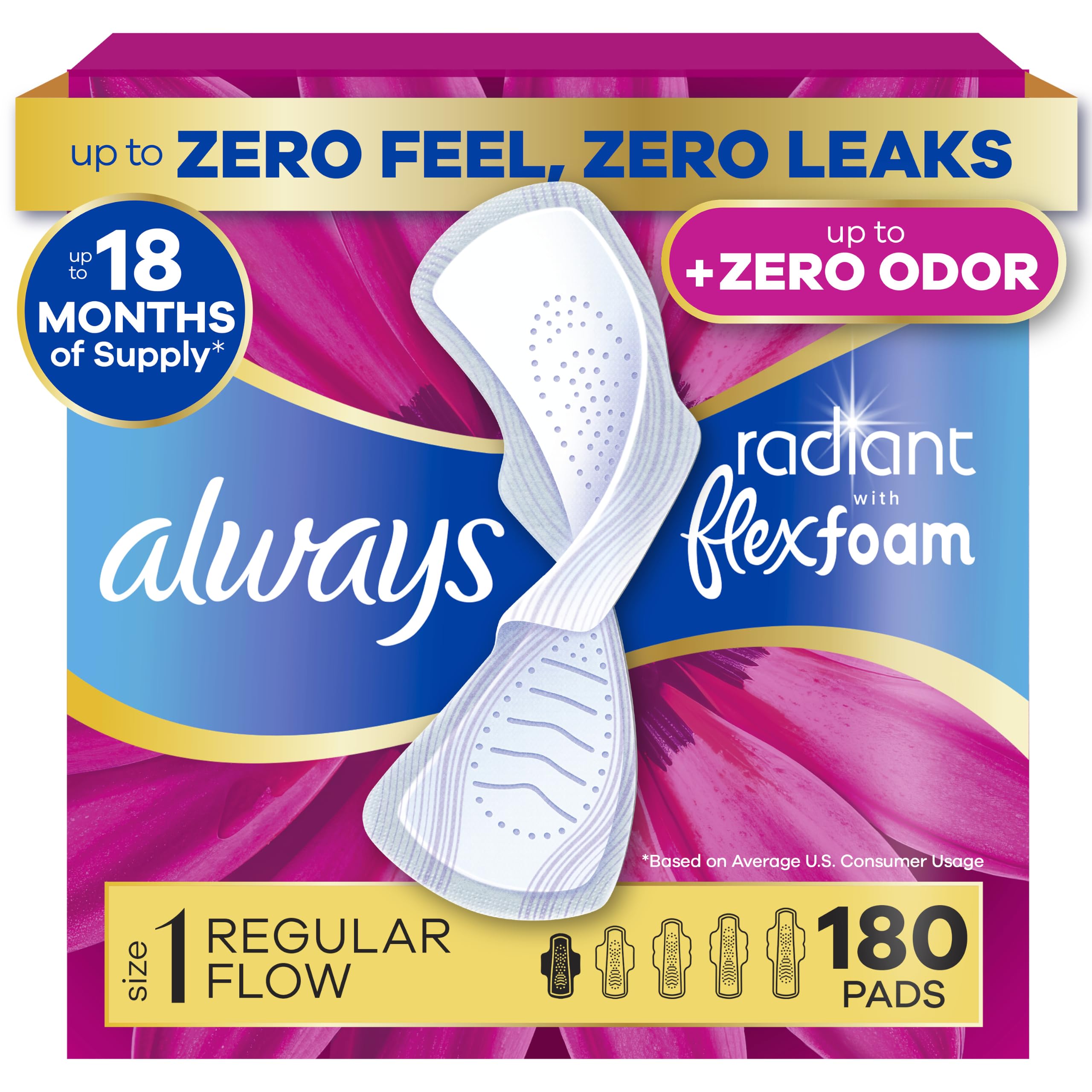Always Radiant Feminine Pads for Women, Flexfoam Pads with Wings, Size 1, Regular Absorbency
