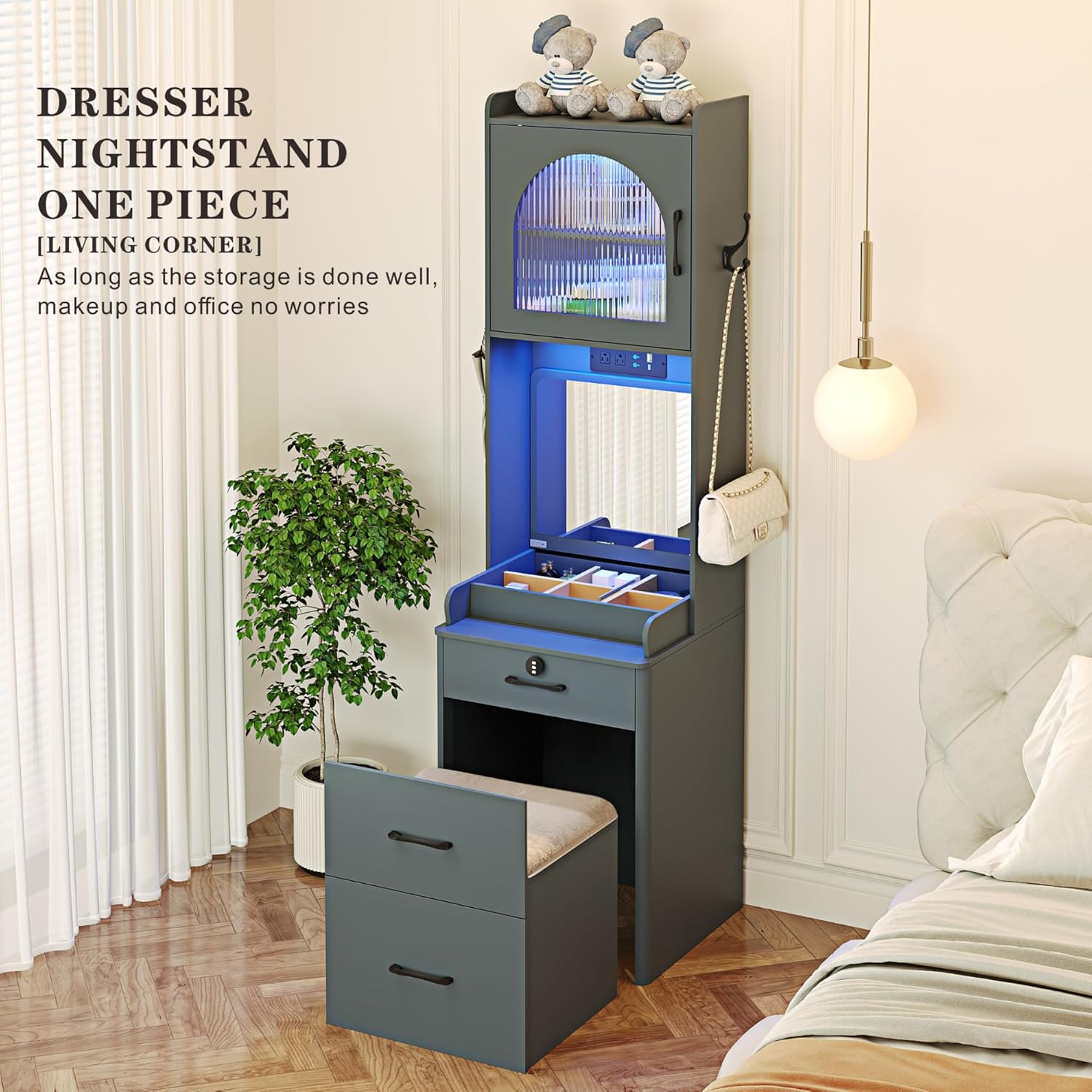 Small Vanity Desk with Mirror and Lights: Makeup Vanity Table with Combination Lock Drawers for Bedroom, Vanity Desk Set Dressing Table with Charging Station and Human Sensor(Grey)