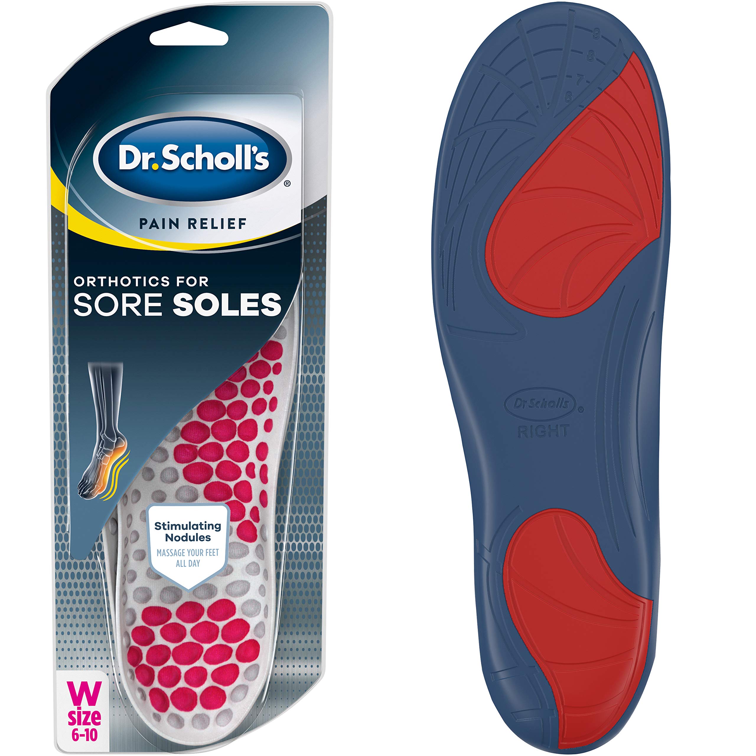 Dr. Scholl's SORE SOLES Pain  Orthotics // Relieve Sore Feet with Cushioning, Shock Absorption and Stimulating Nodules that Massage your Feet (for Women's 6-10, also available for Men's 8-14)