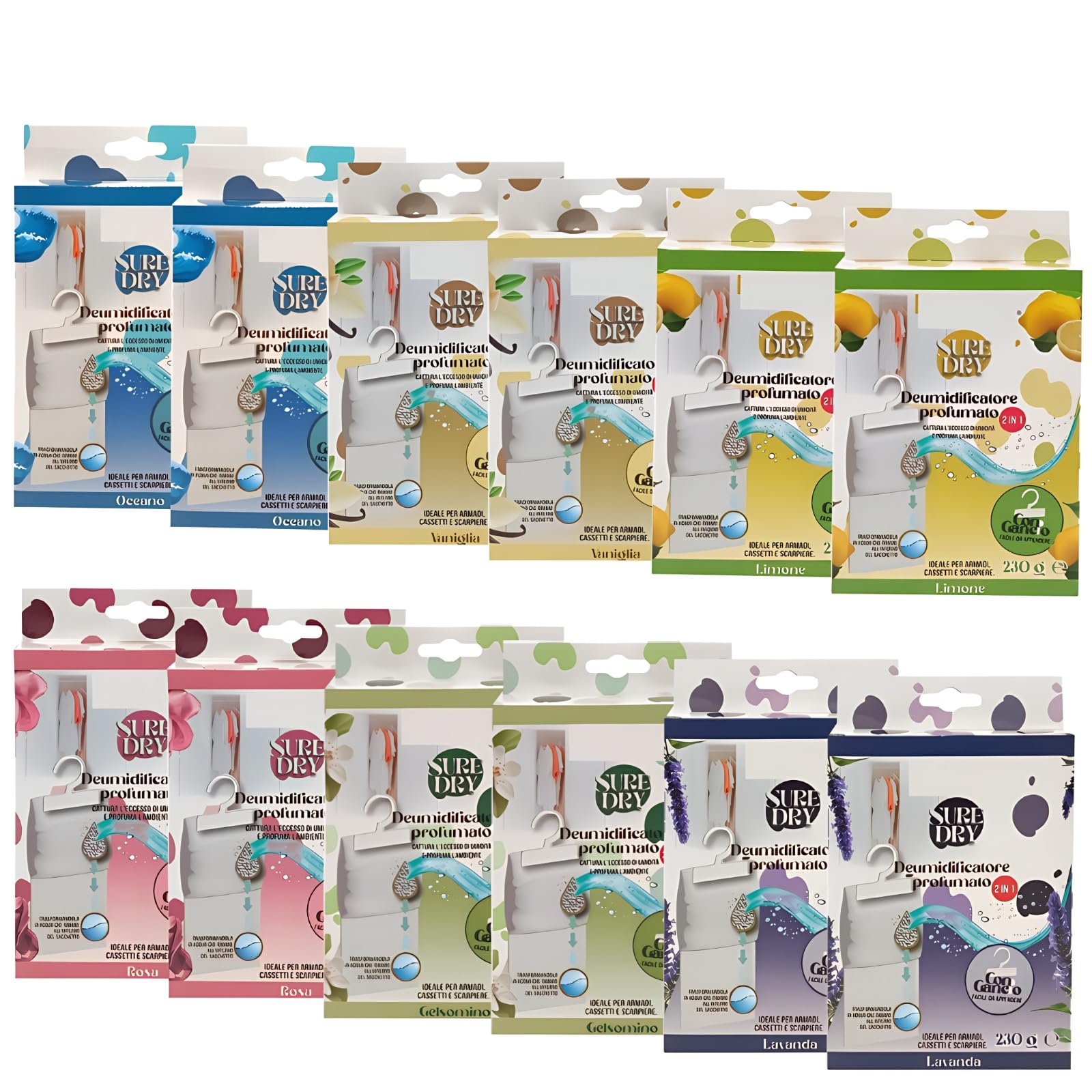 Deumidificatore Casa Profumato – Set da 12 Sacchetti Assorbi Umidità Armadio Appendibili 500ml | Antimuffa per Armadi, Cassetti, Camper Profumatori per Ambienti Chiusi – 6 Fragranze