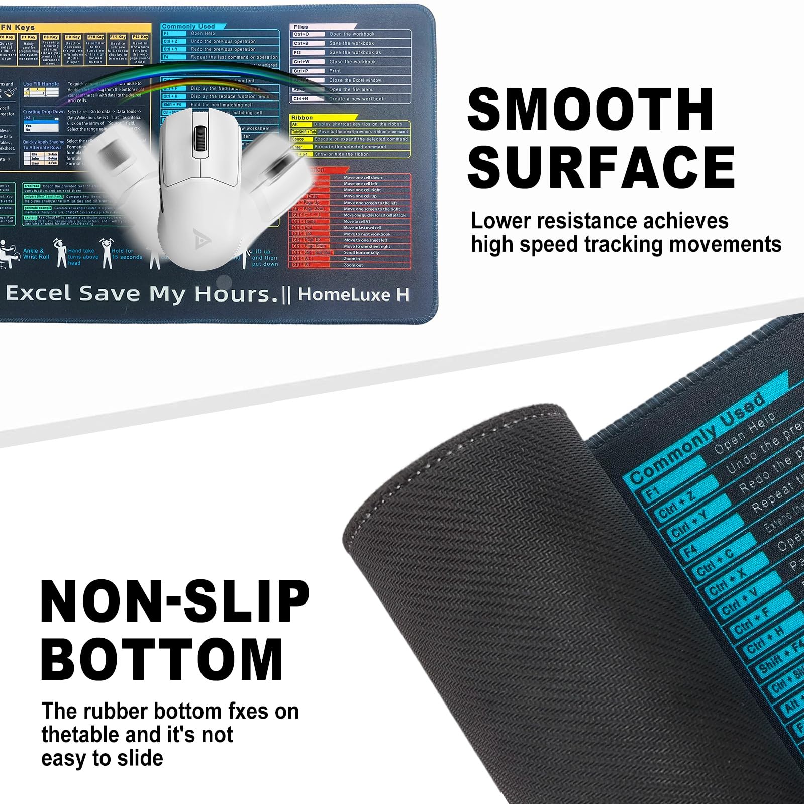 HomeLuxe H Excel Cheat Sheet Desk pad-Big Mouse Pad | Desk Mat for Microsoft Excel Shortcuts | Office Desk Accessories | Non-Slip Stitched Edge in use