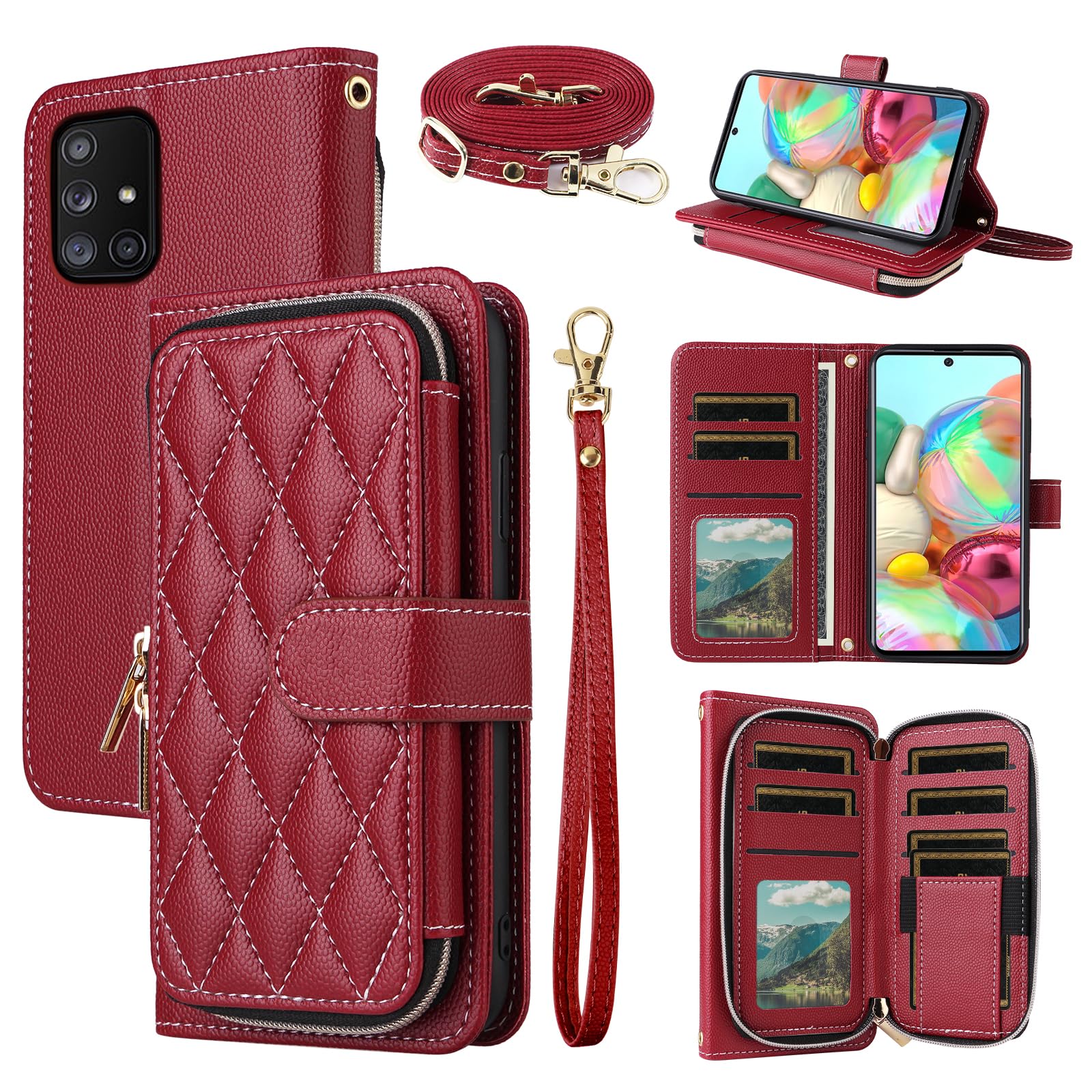 Dswteny Argyle Wallet Case for Samsung Galaxy A51 5G/A 51 5G UW Verizon with Wrist Strap Shoulder Strap, Zipper Purse Flip Credit Card Holder Stand