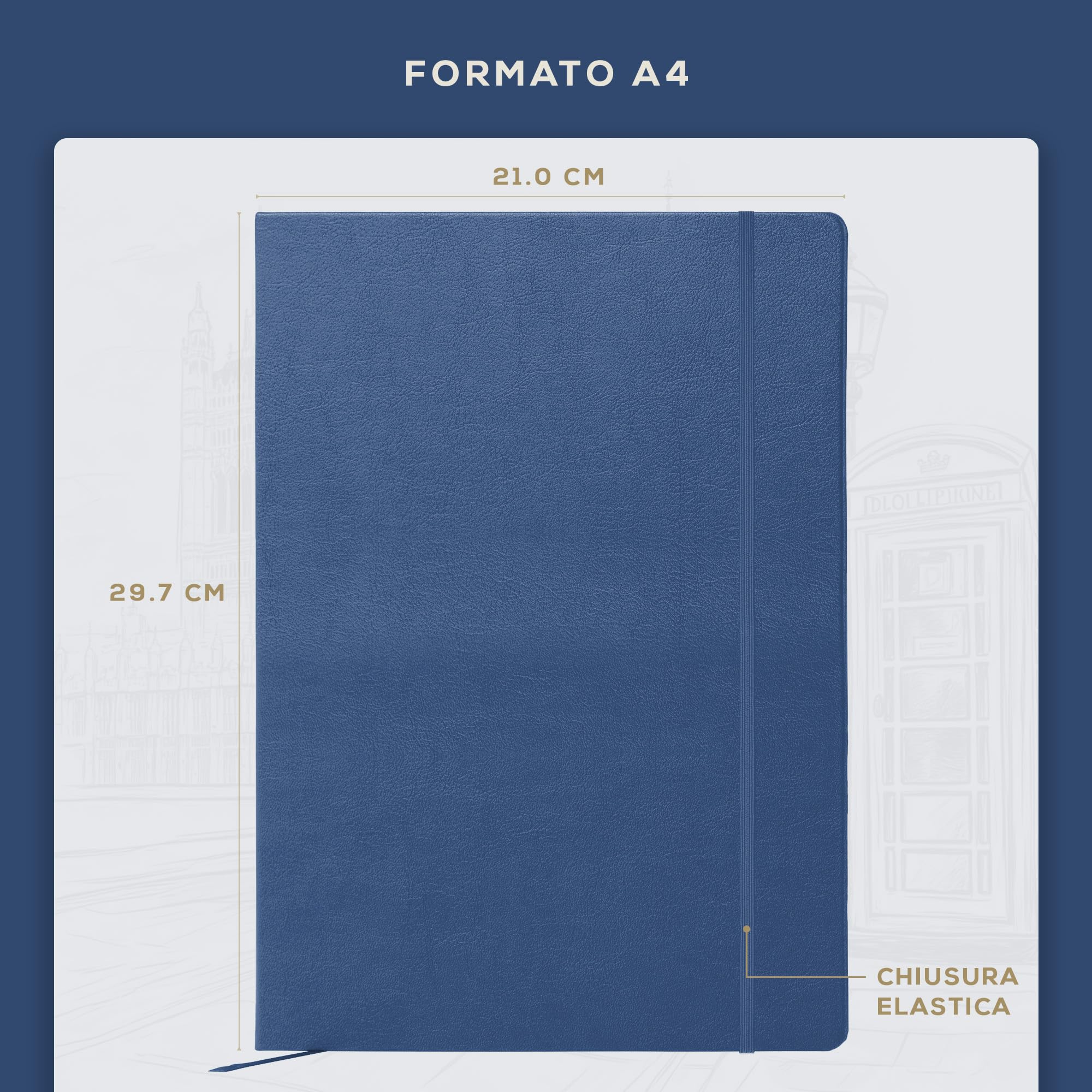 Beechmore Books Taccuino a Righe A4 Blu Navy Diario XL Copertina Rigida Pelle Vegana Carta 120g/m²
