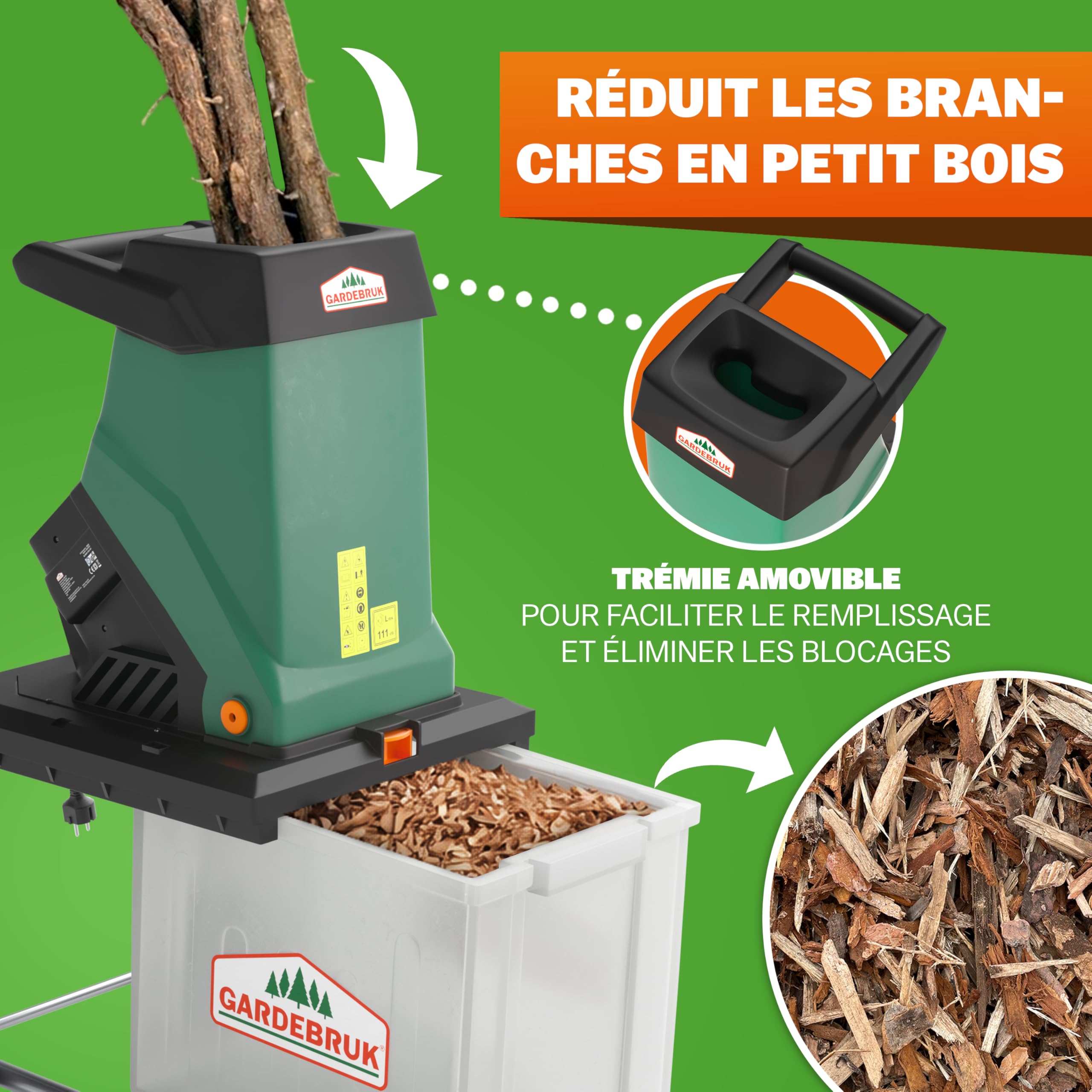 Gardebruk® Broyeur de végétaux électrique 3.1000W broyeur de Branches Couteau Lame Max. 40mm bac 50L broyeur de Jardin déchiqueteur Bois Compost Jardin