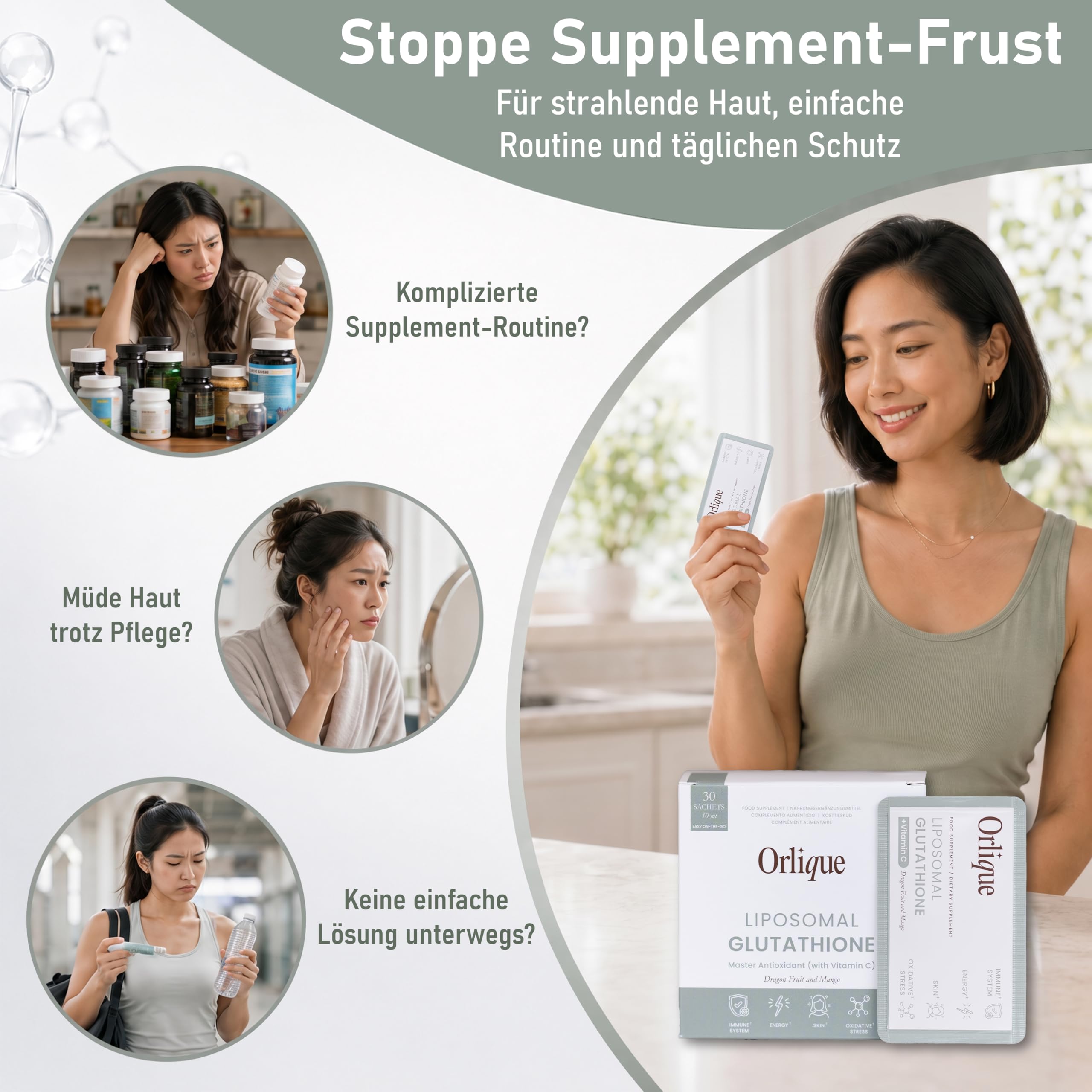 Liposomales Glutathione mit Vitamin C - 30 Sachets - 400 mg l-Gluthation & 700 mg Vitamin C Flüssig Pro 10 ml - Antioxidans für Immunsystem, Zellschutz, Entgiftung & Energie - Vegan & Lab Getestet