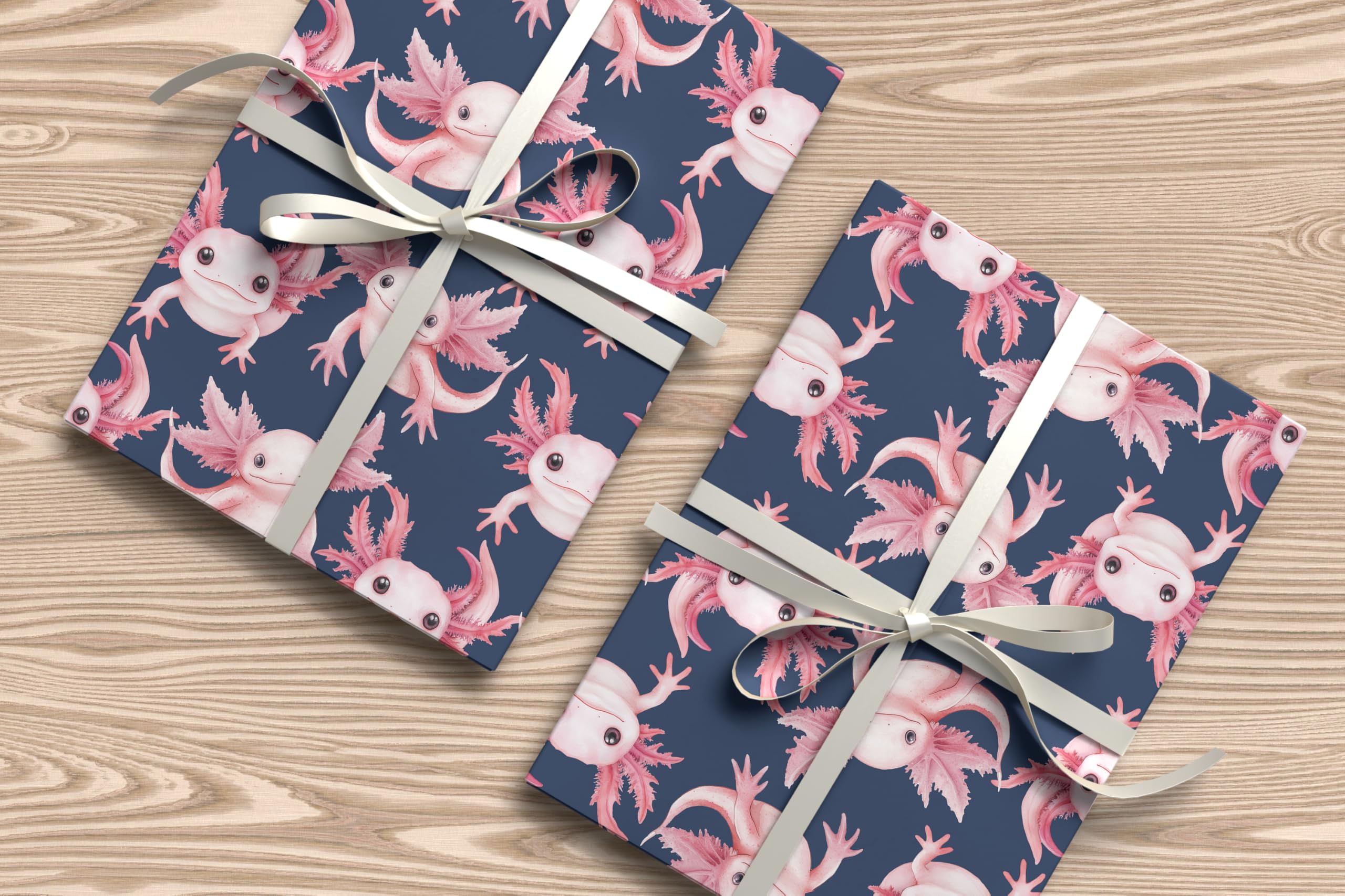 Axolotl Wrapping Paper Sheet – Cute Amphibian Gift Wrap for Birthdays, Kids Presents, or Quirky Animal Lovers – W82 (Navy, Large Sheet - 58 x 85cm / 22.8" x 33.4" inches)
